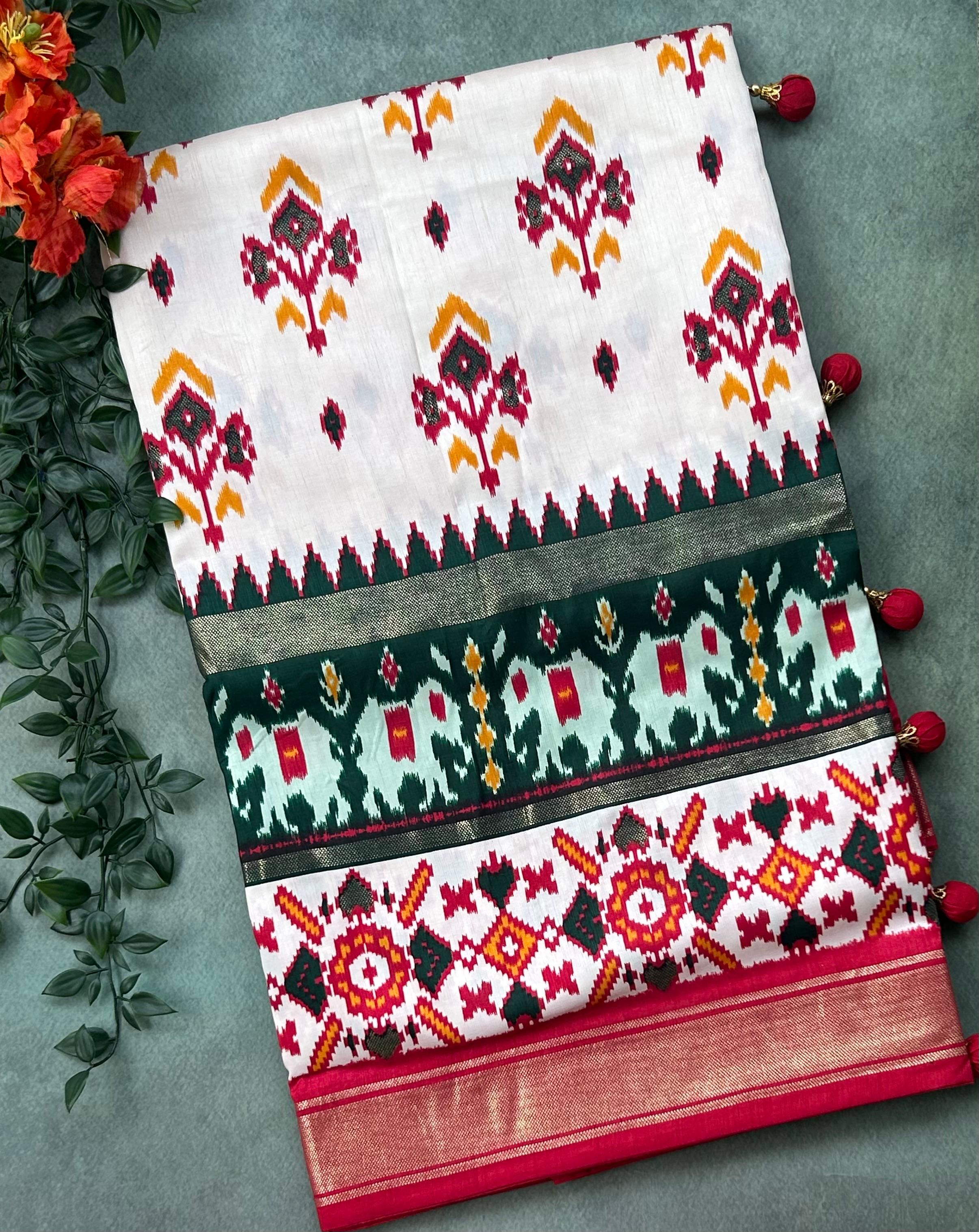 White 3D patola print semi tussar silk saree