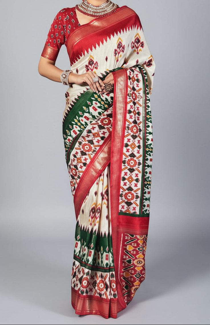 White 3D patola print semi tussar silk saree