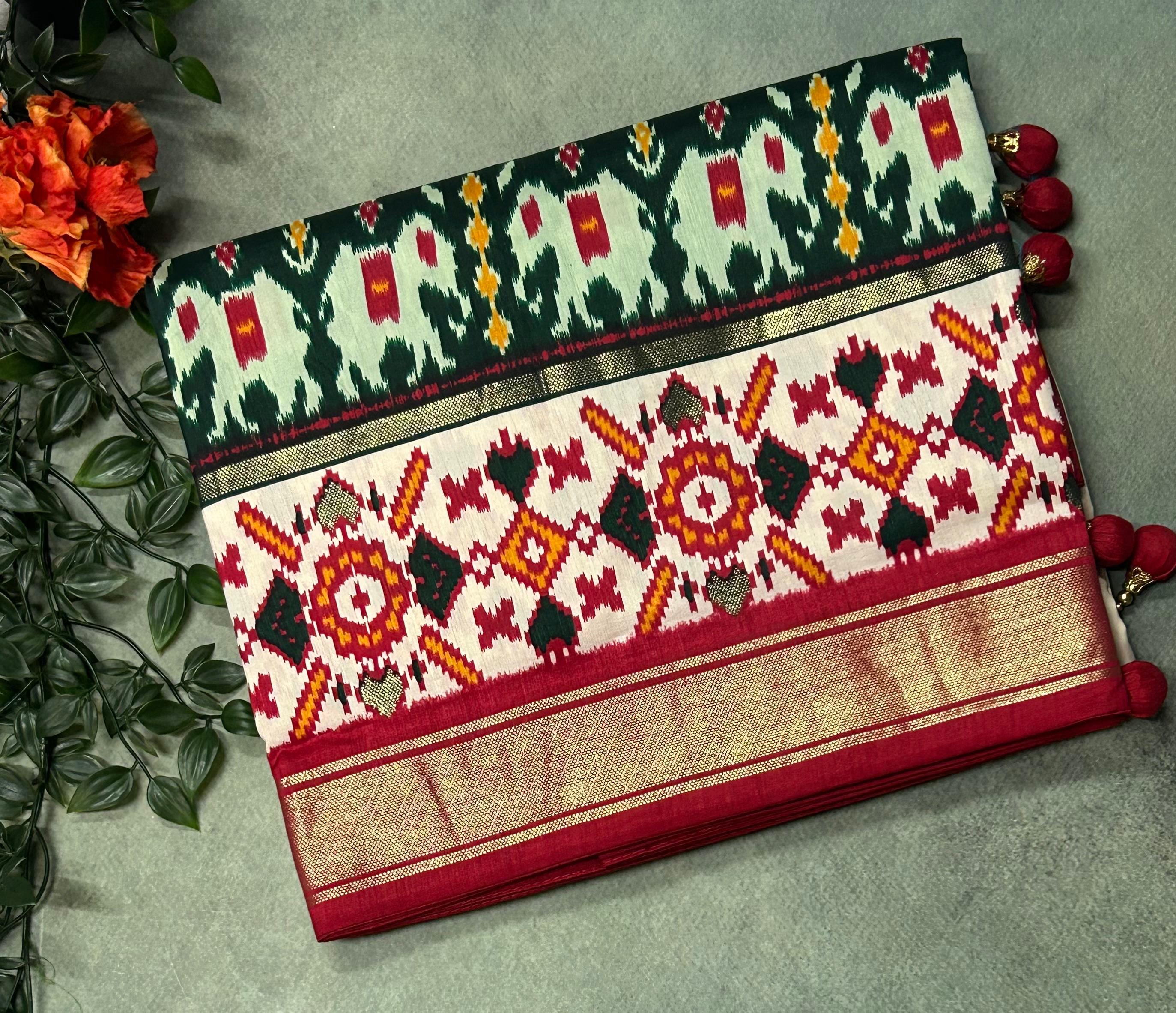 White 3D patola print semi tussar silk saree