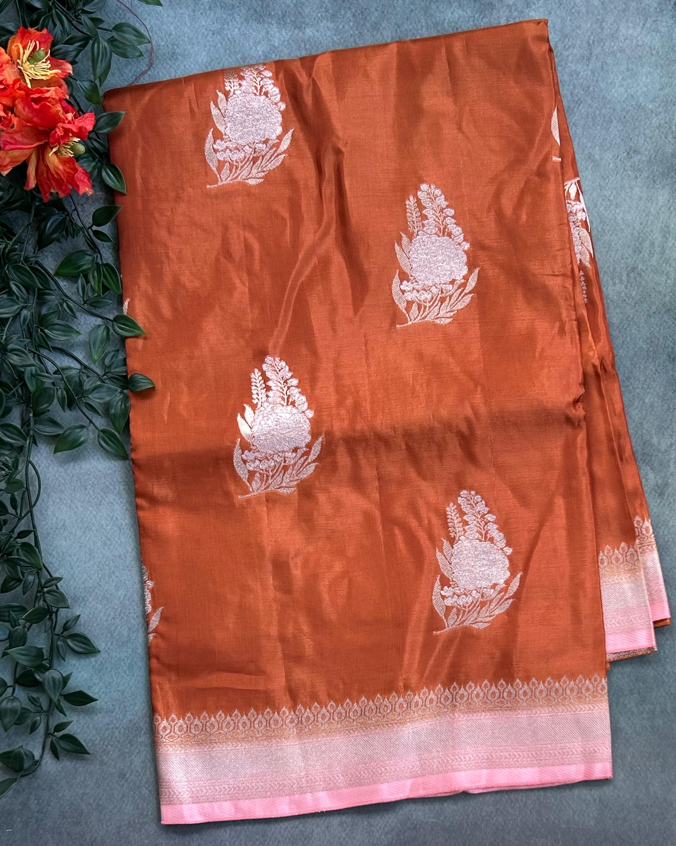 Rust Orange small Butta Saree with big Border – Designer Ethnic Wear,dola silk-10