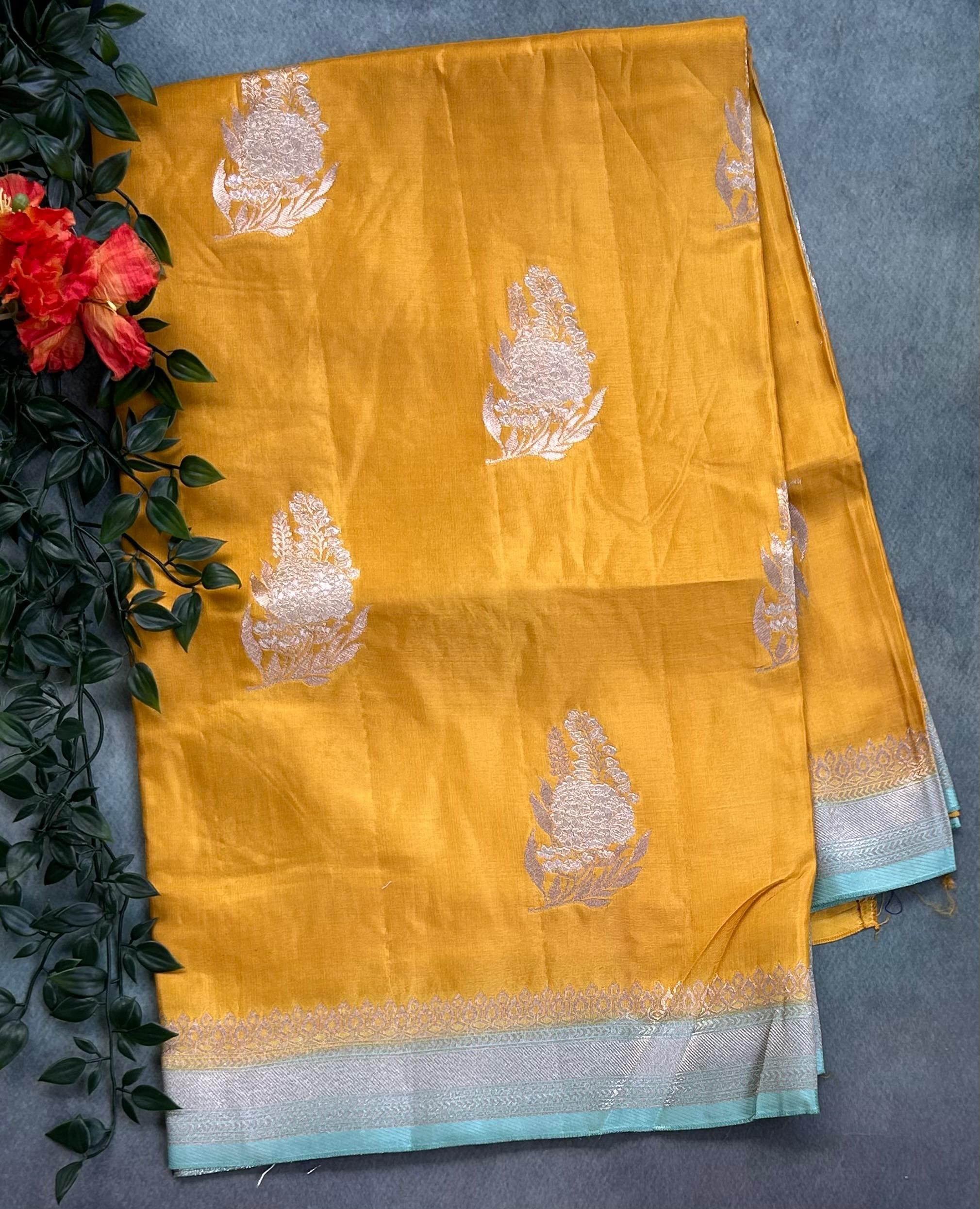 Yellow small Butta Saree with big Border – Designer Ethnic Wear,dola silk-10