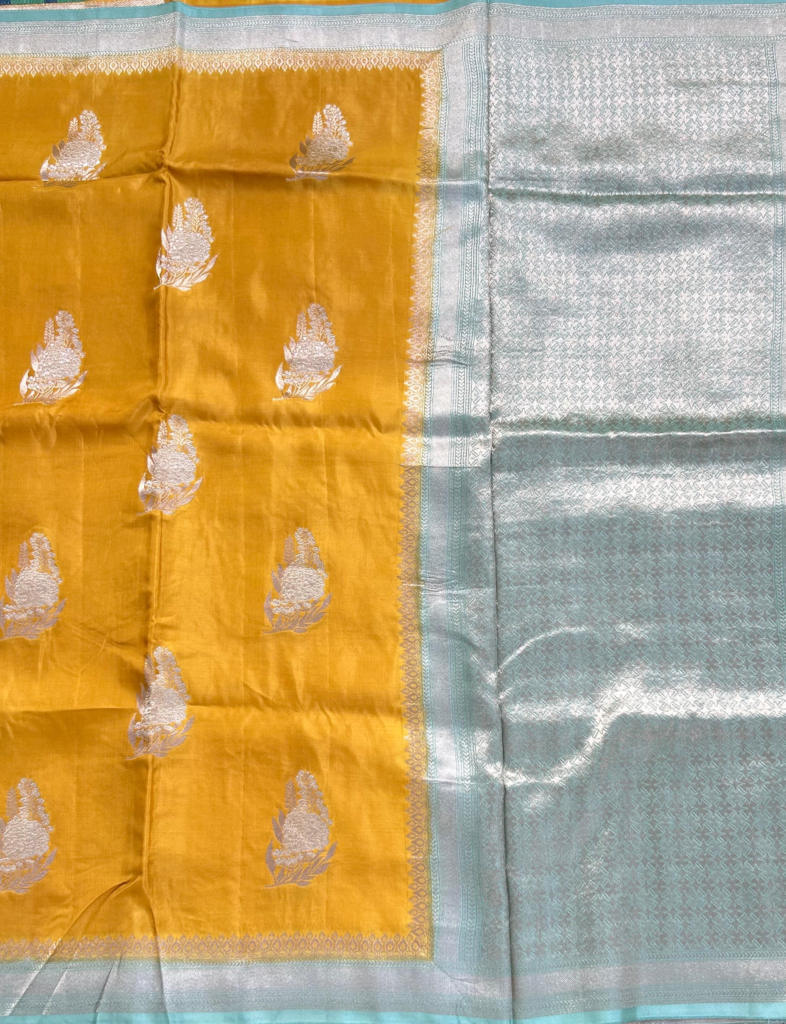 Yellow small Butta Saree with big Border – Designer Ethnic Wear,dola silk-10