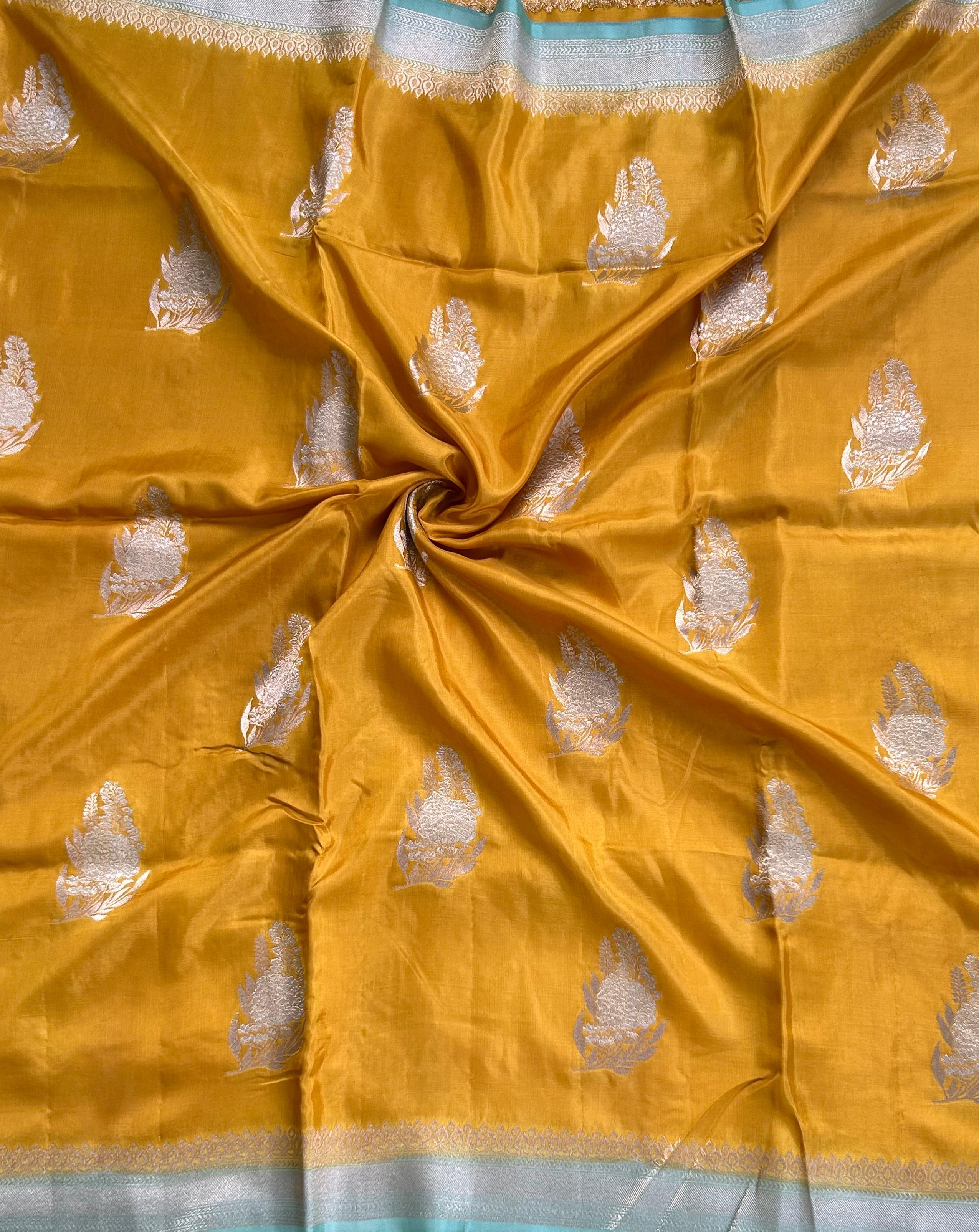 Yellow small Butta Saree with big Border – Designer Ethnic Wear,dola silk-10