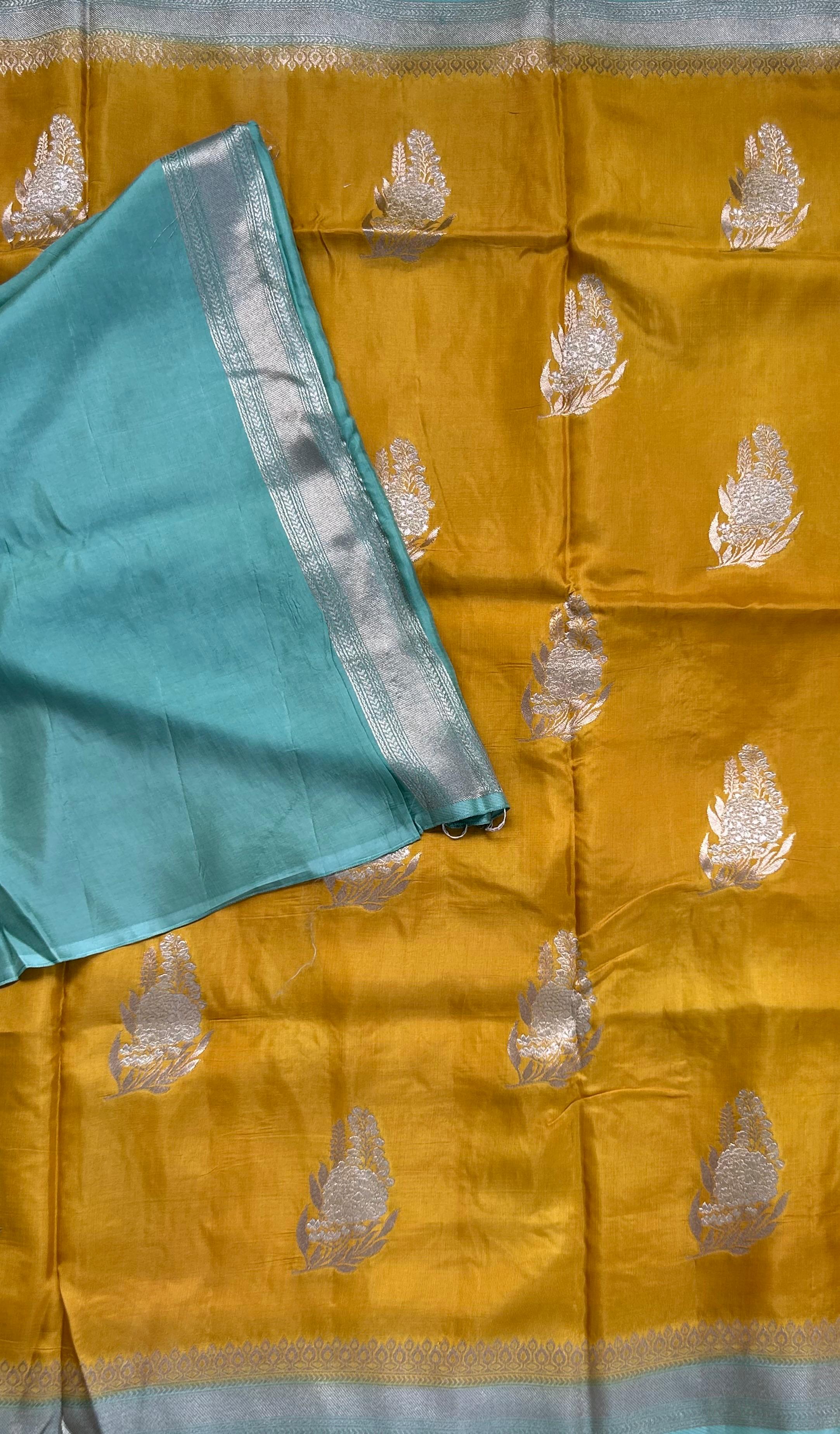 Yellow small Butta Saree with big Border – Designer Ethnic Wear,dola silk-10