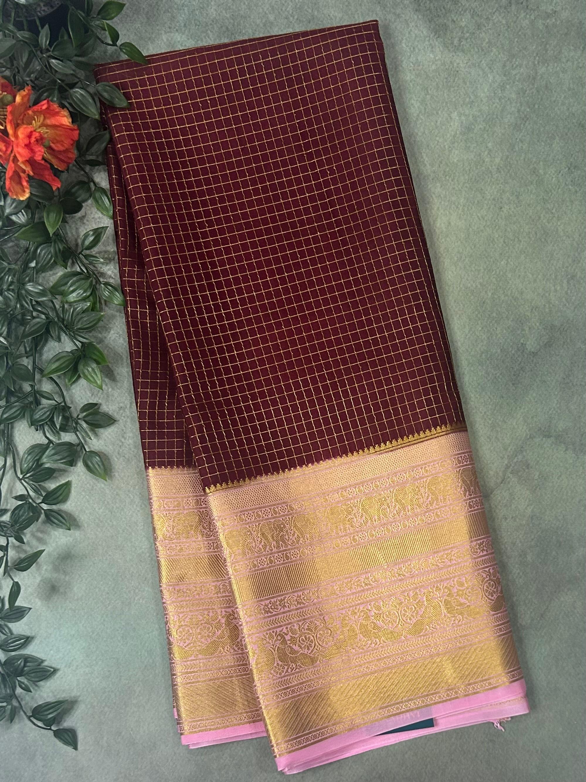 Dark brown checks n big border pure mysore silk saree