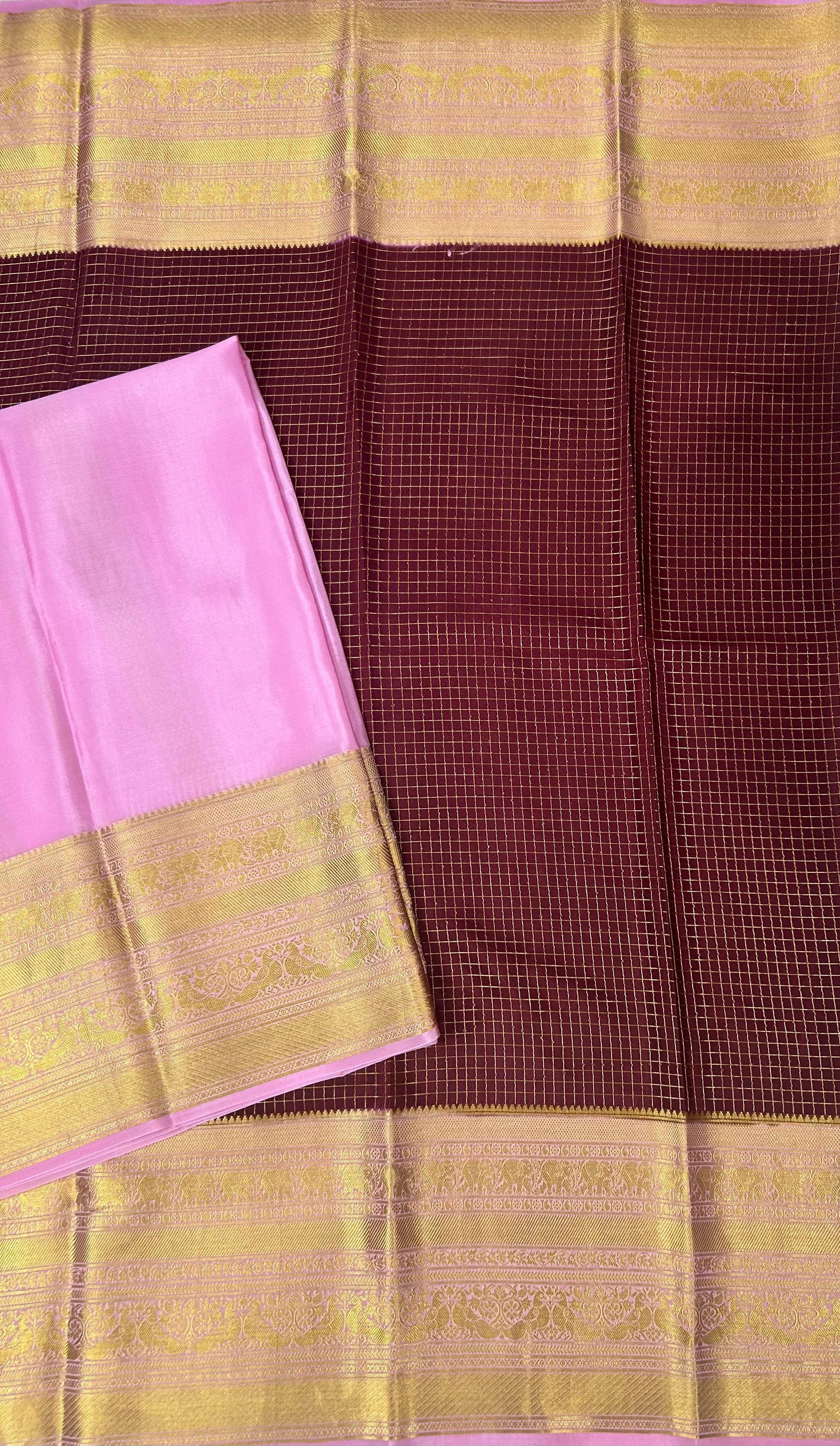 Dark brown checks n big border pure mysore silk saree