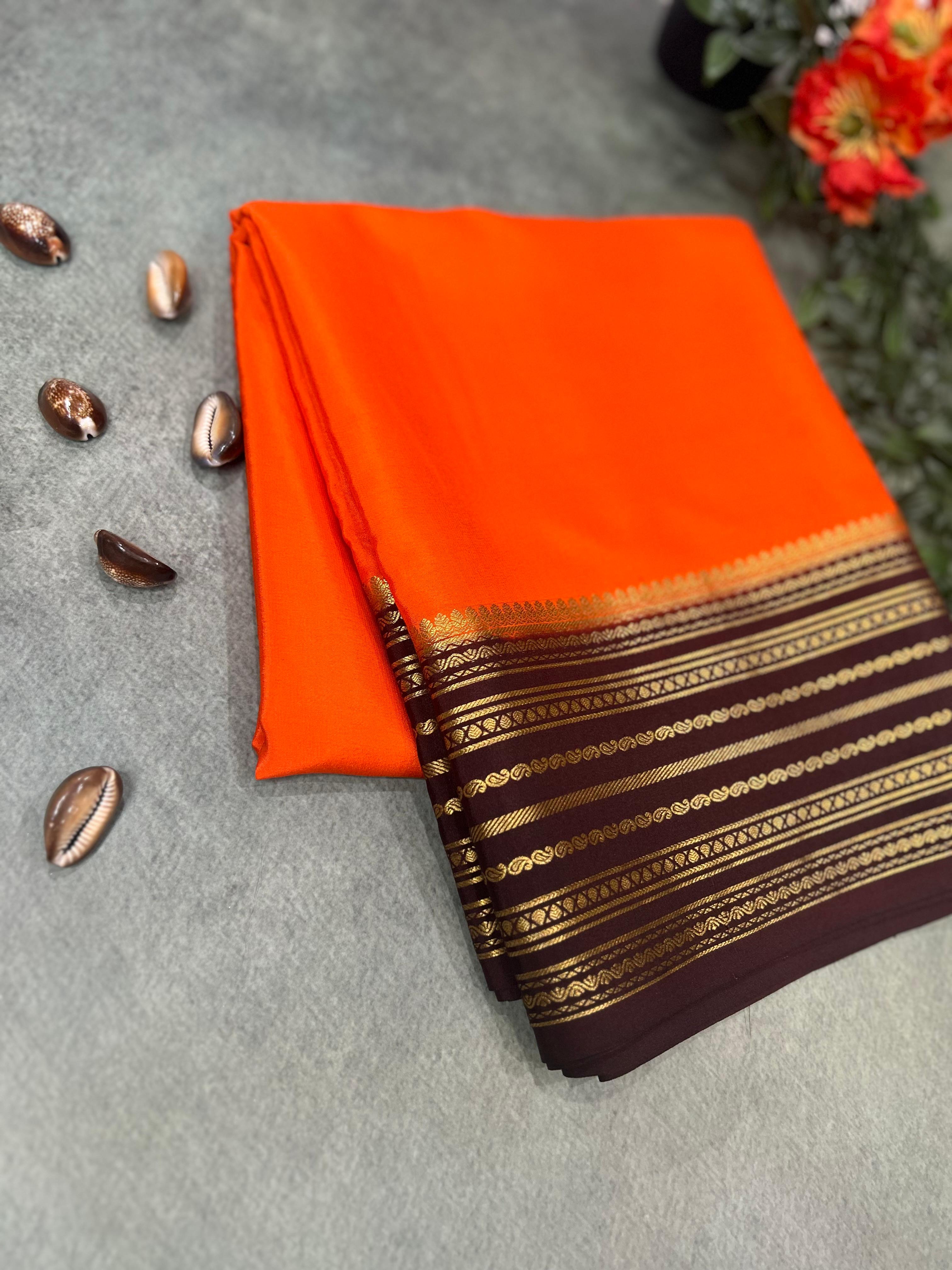 Orange stripes border pure mysore silk-11 saree