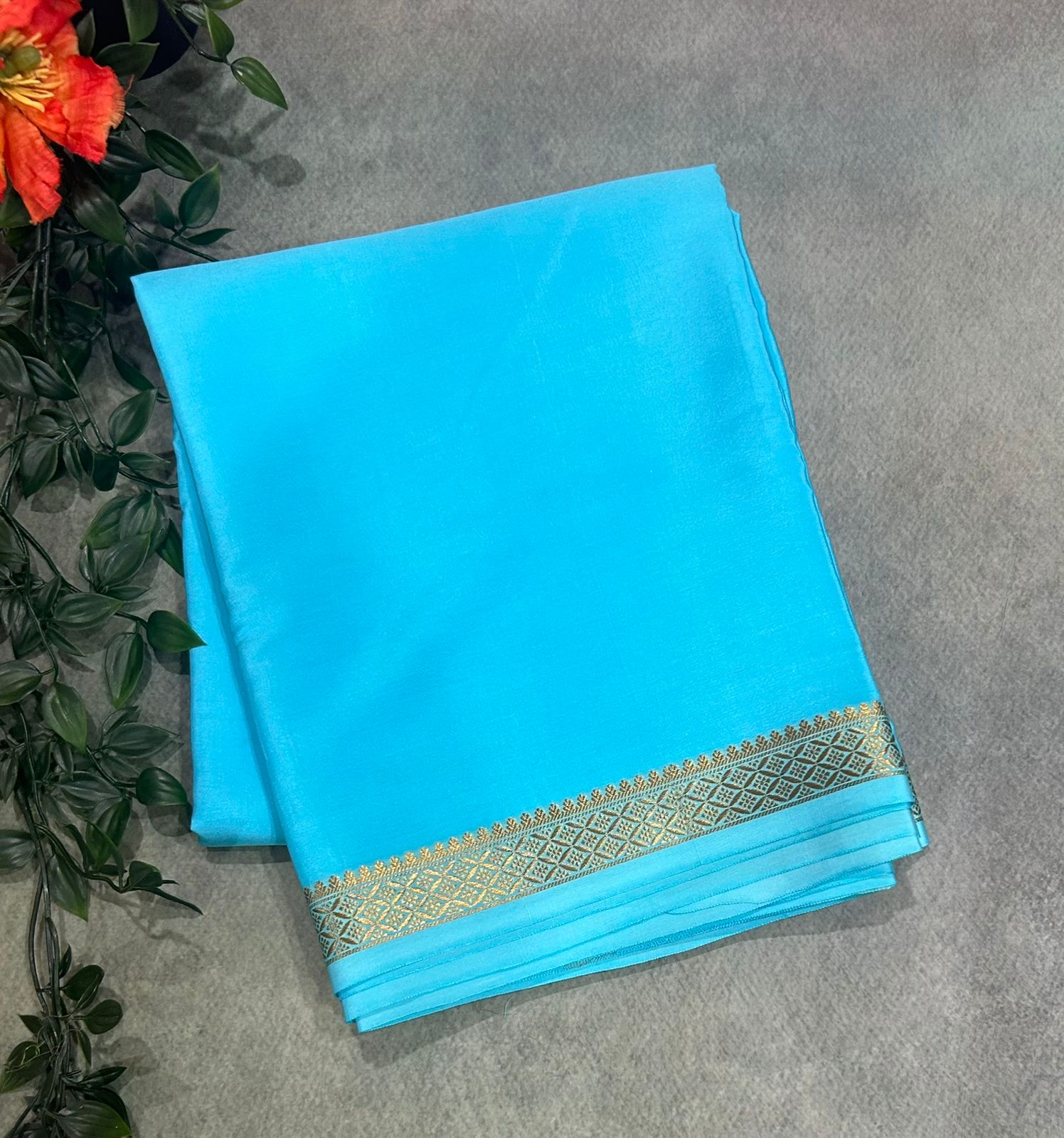 Sky blue one inch small border-11 pure mysore crepe silk saree