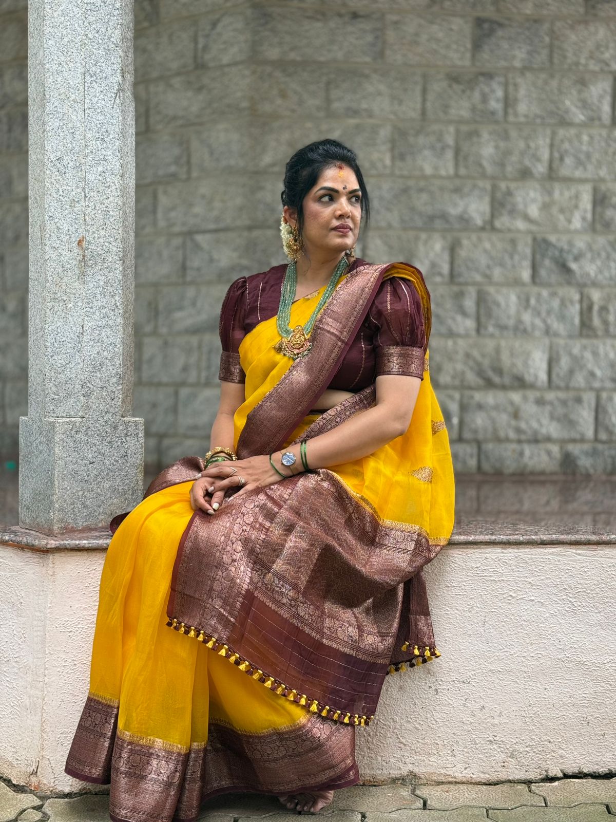 Yellow n brown pure kora organza silk saree