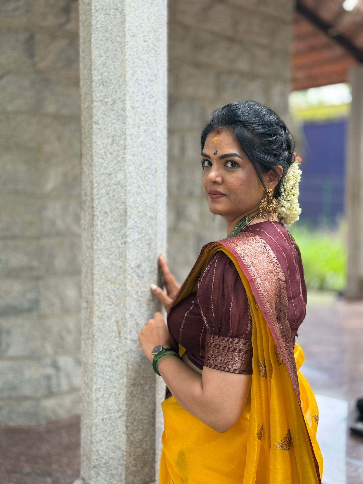 Yellow n brown pure kora organza silk saree