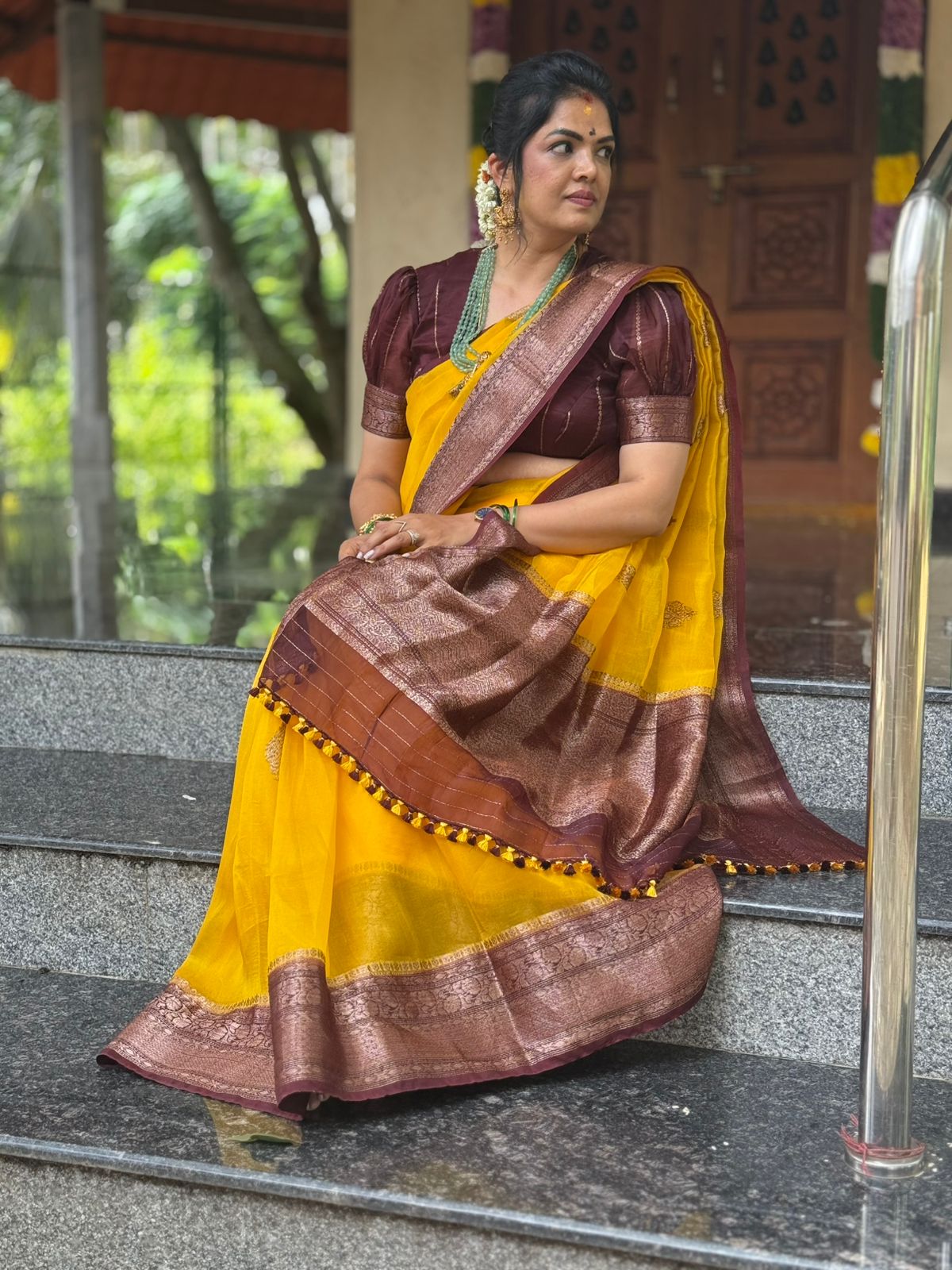 Yellow n brown pure kora organza silk saree
