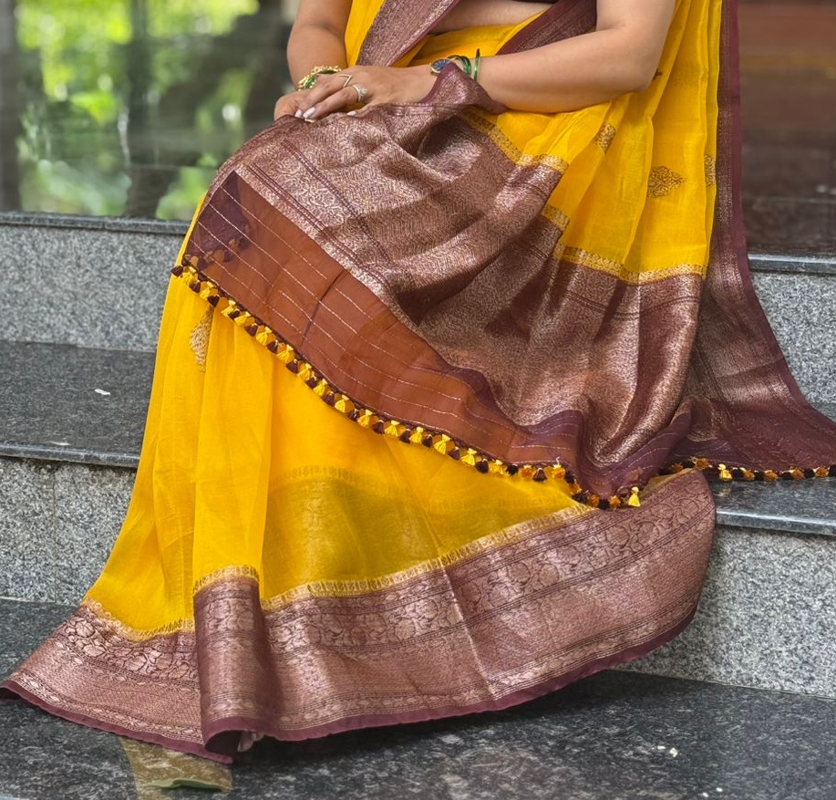 Yellow n brown pure kora organza silk saree