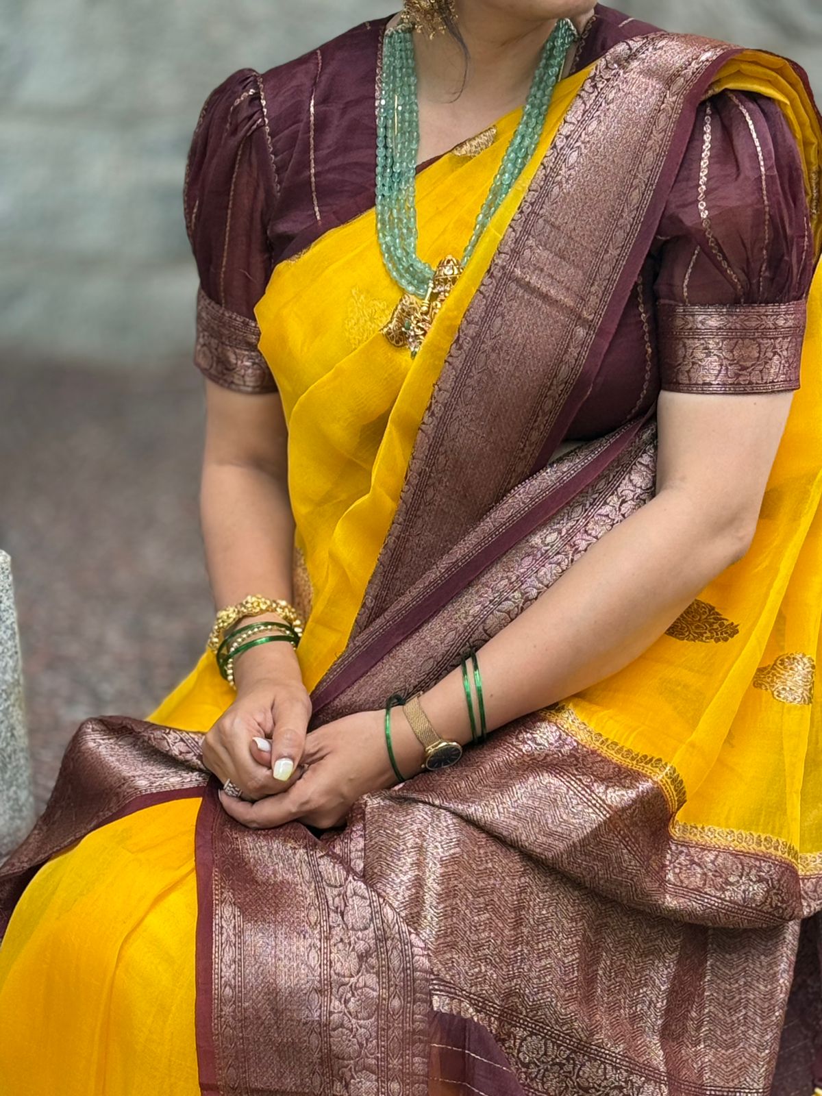 Yellow n brown pure kora organza silk saree