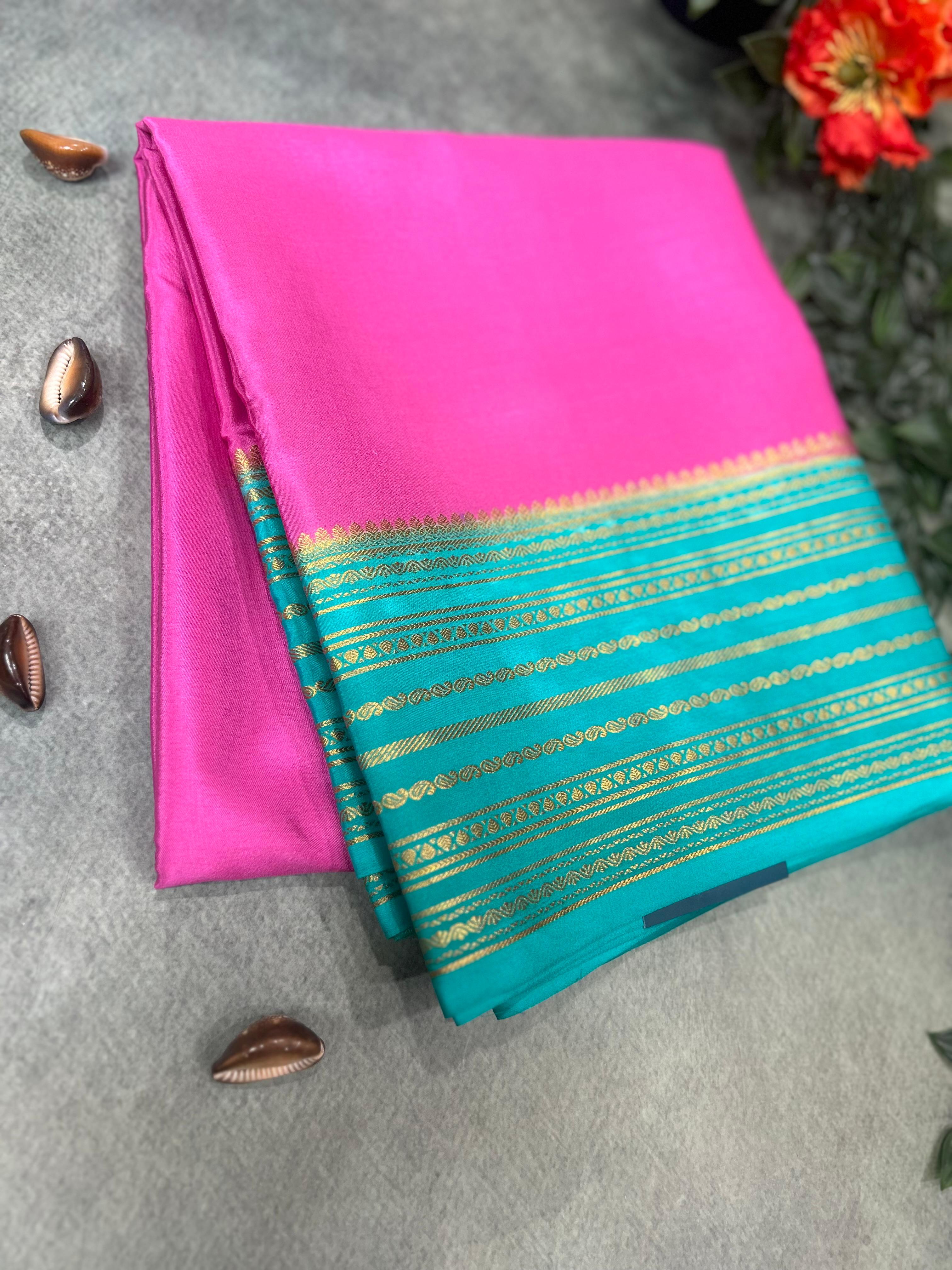 Pink stripes border pure mysore silk-11 saree