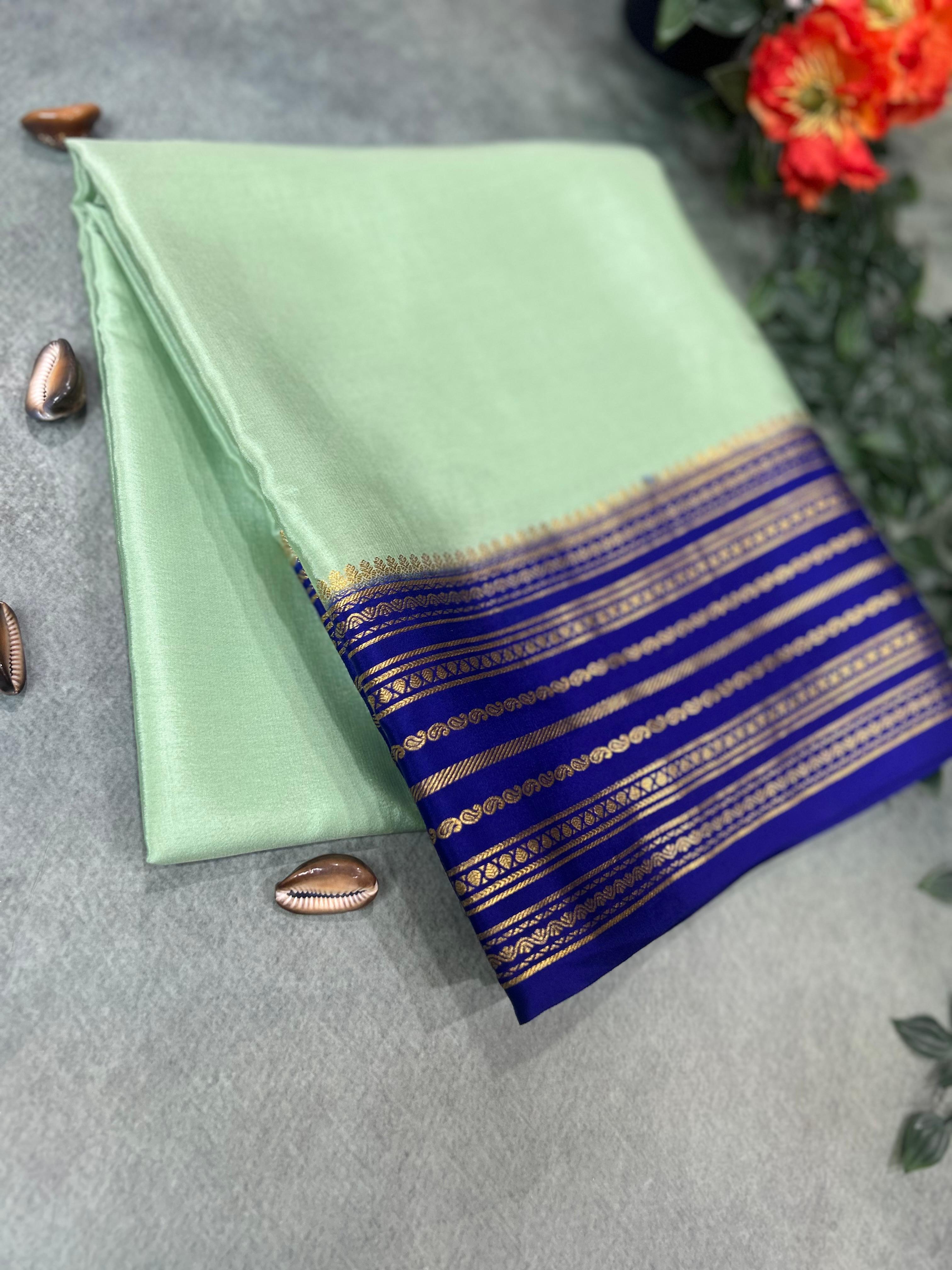 Pastel green stripes border pure mysore silk-11 saree