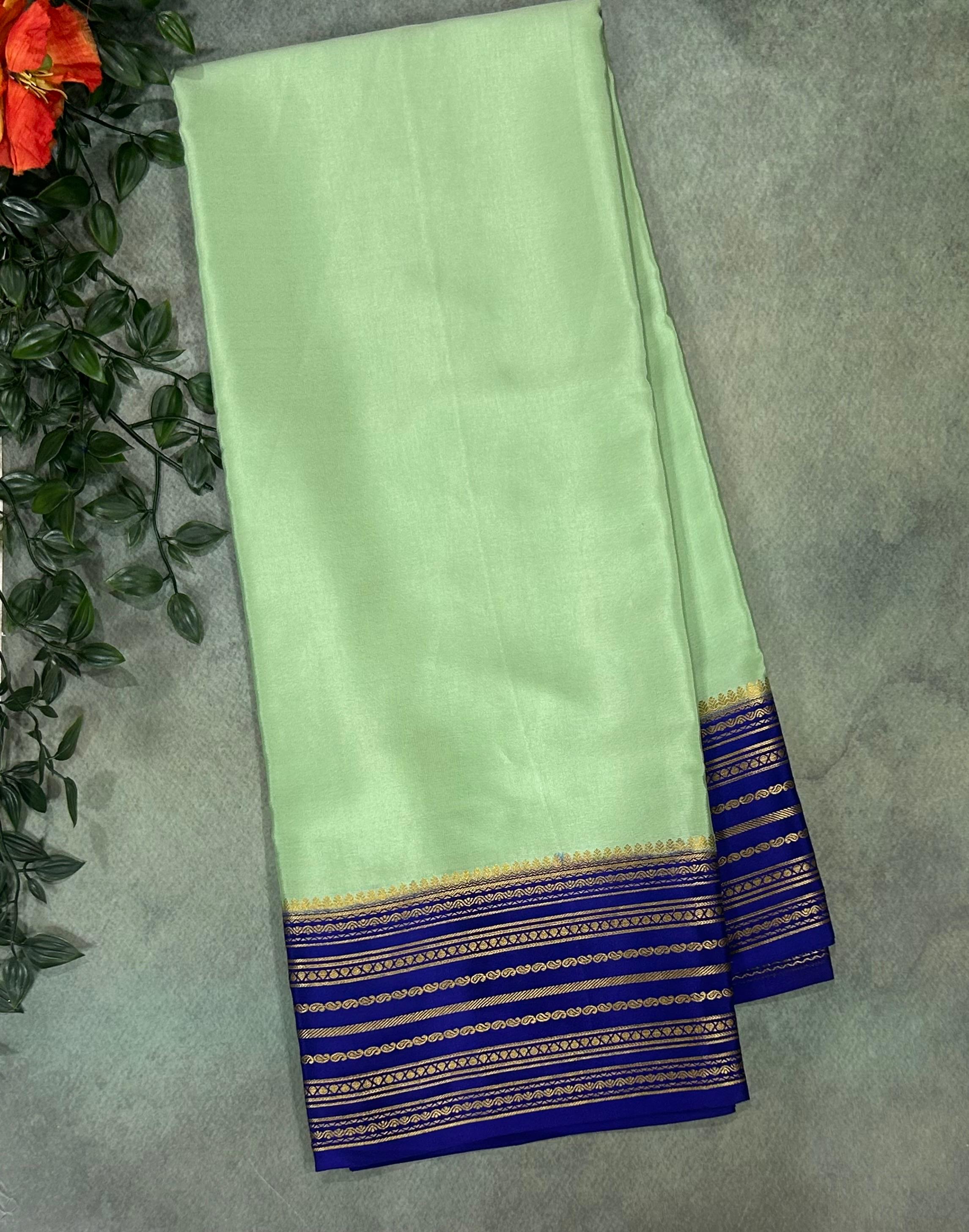 Pastel green stripes border pure mysore silk-11 saree