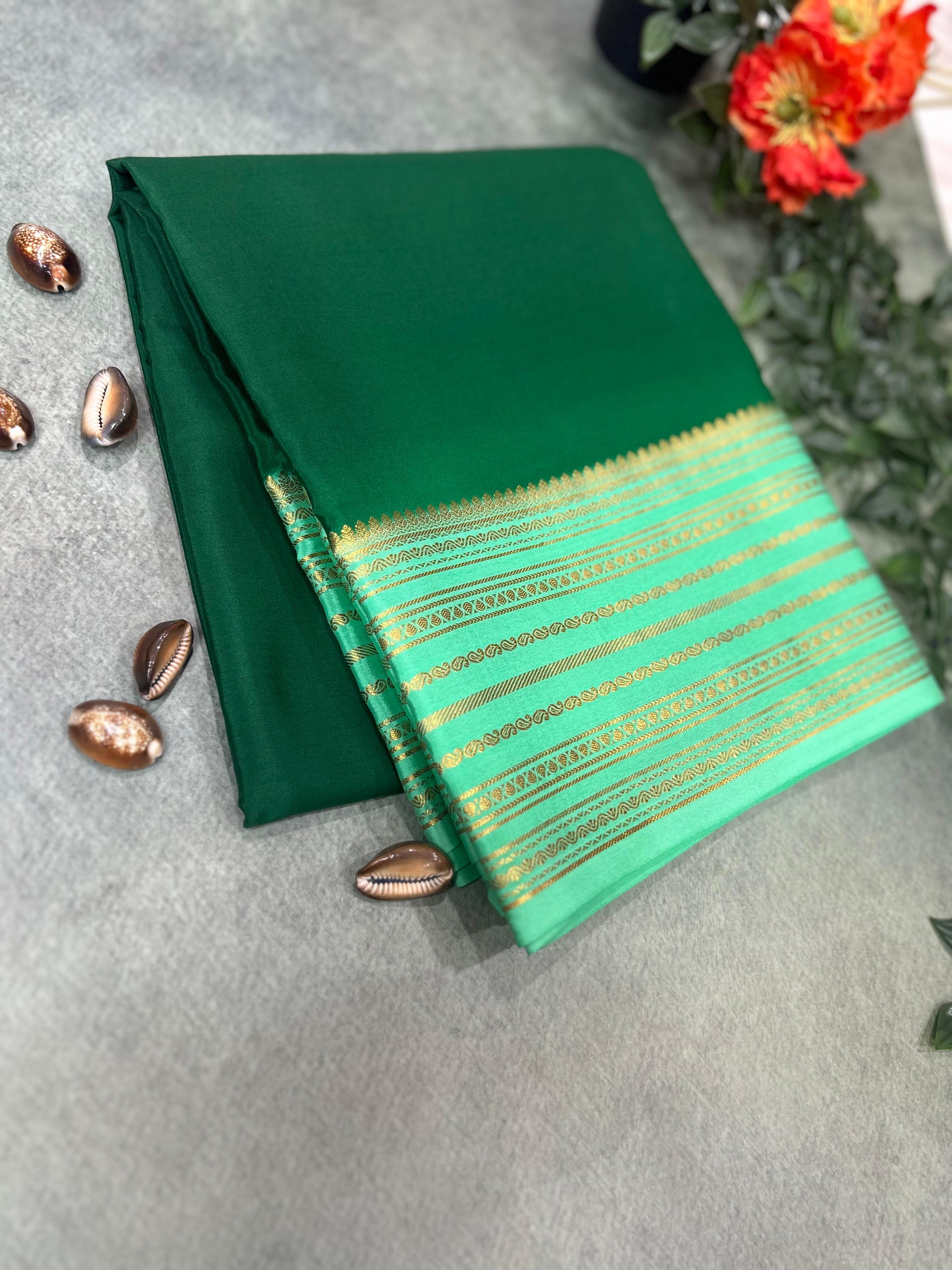 Bottle green stripes border pure mysore silk-11 saree