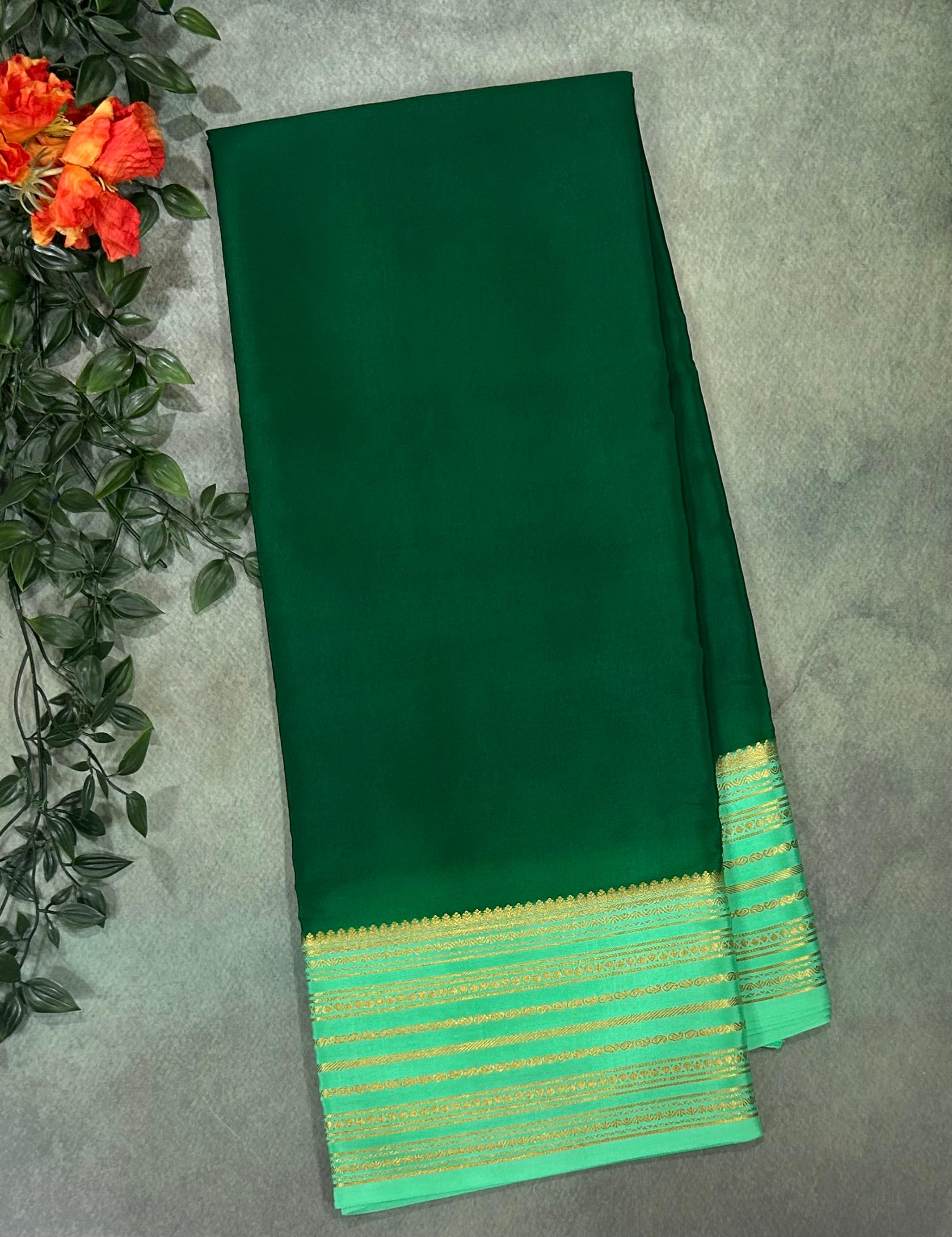 Bottle green stripes border pure mysore silk-11 saree