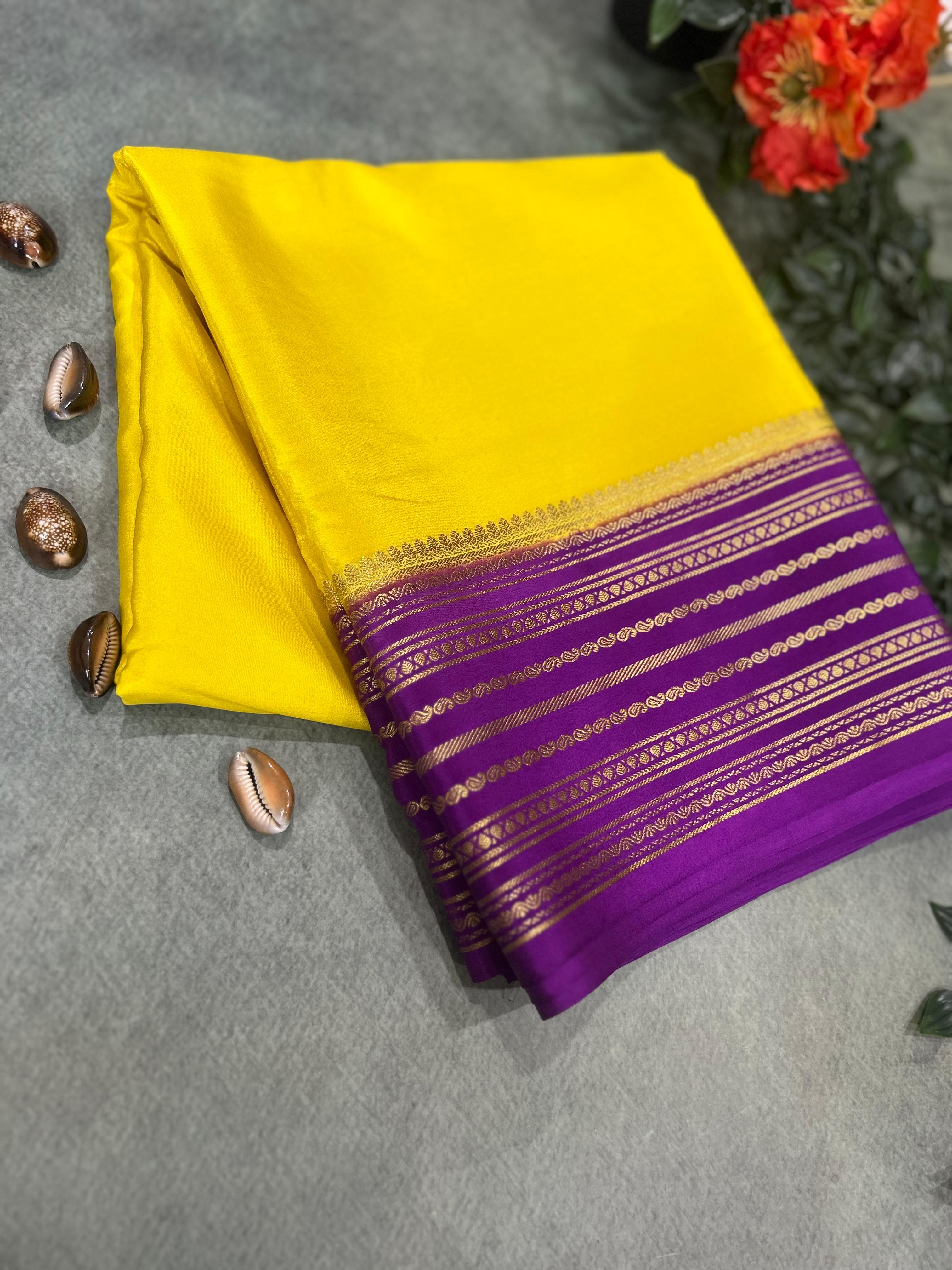 Yellow stripes border pure mysore silk-11 saree