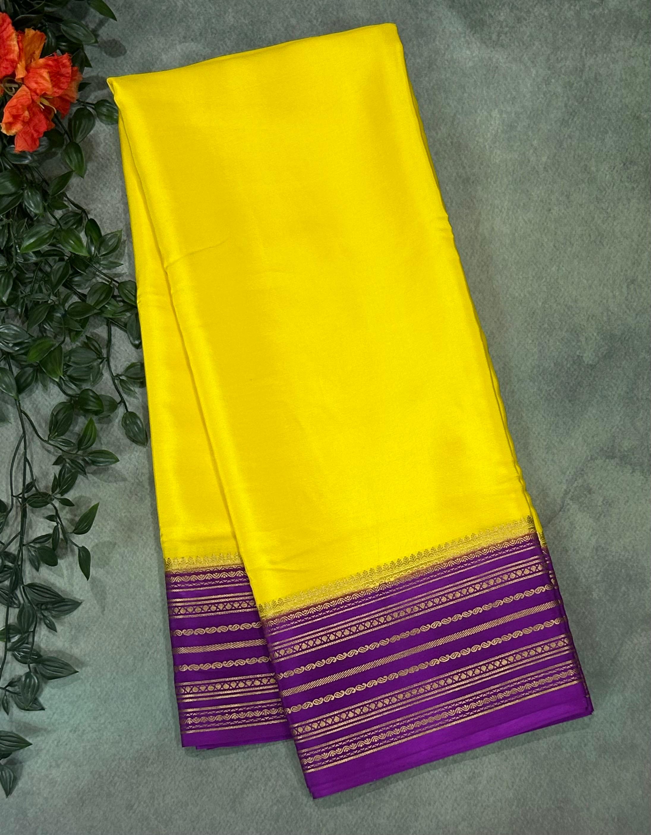 Yellow stripes border pure mysore silk-11 saree