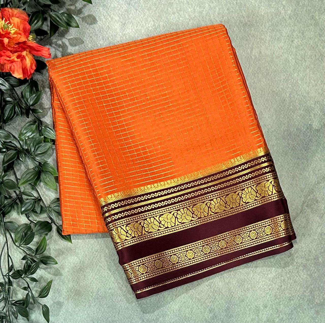 Orange checks n bentex pure mysore silk-11 saree