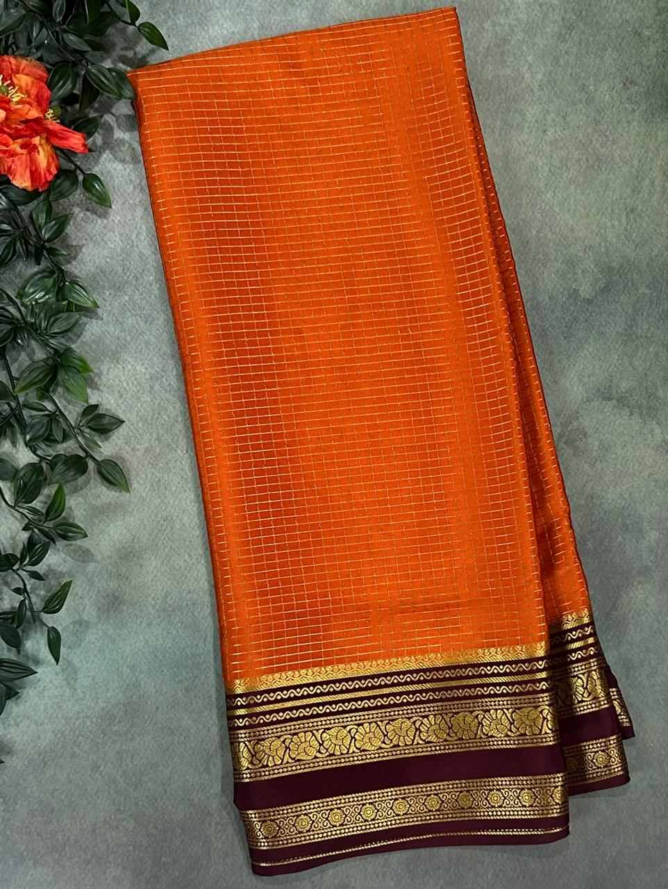 Orange checks n bentex pure mysore silk-11 saree