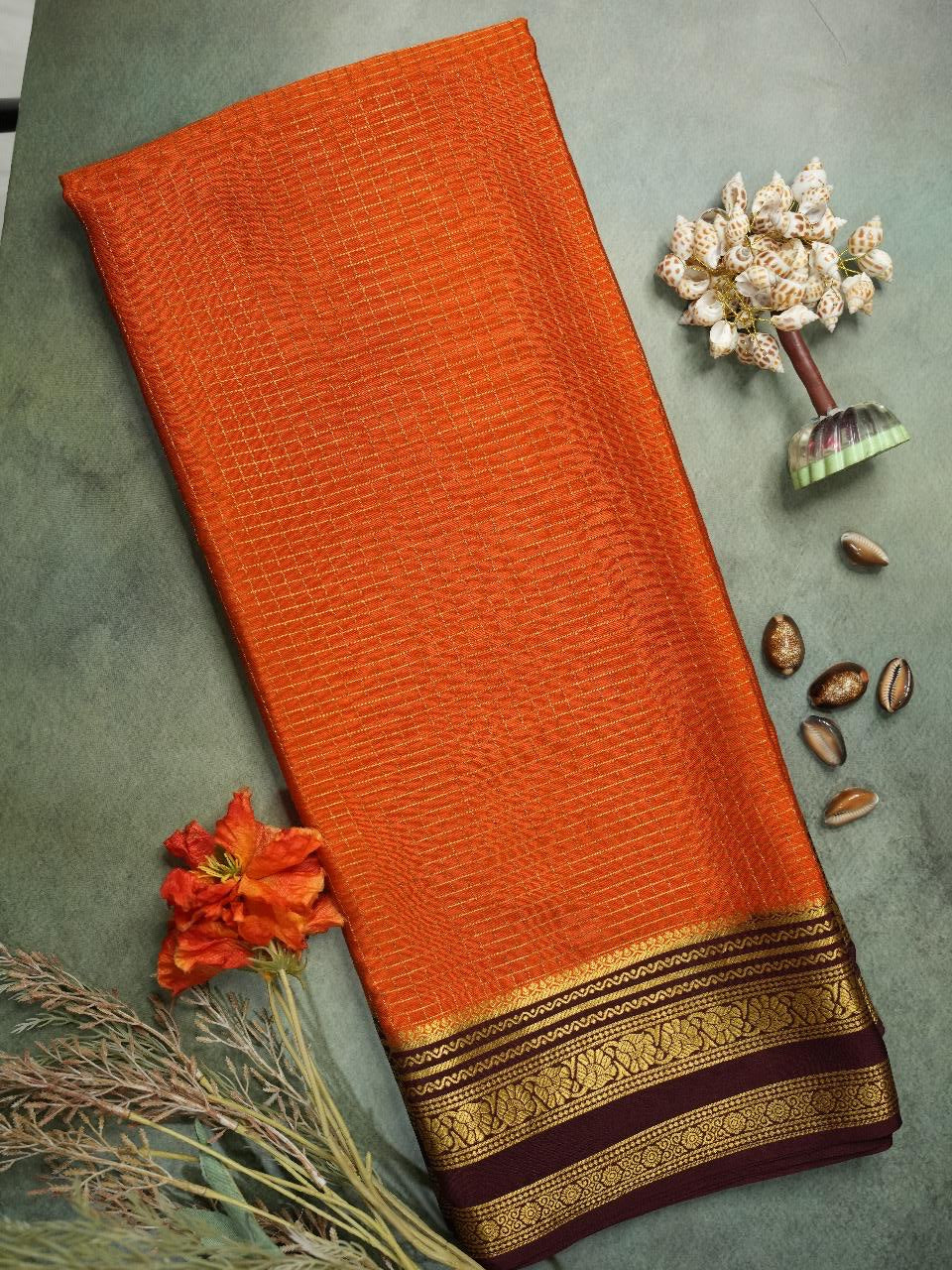 Orange checks n bentex pure mysore silk-11 saree