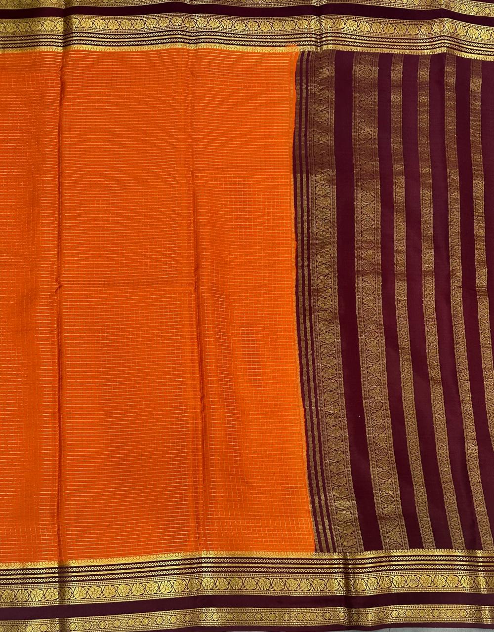 Orange checks n bentex pure mysore silk-11 saree