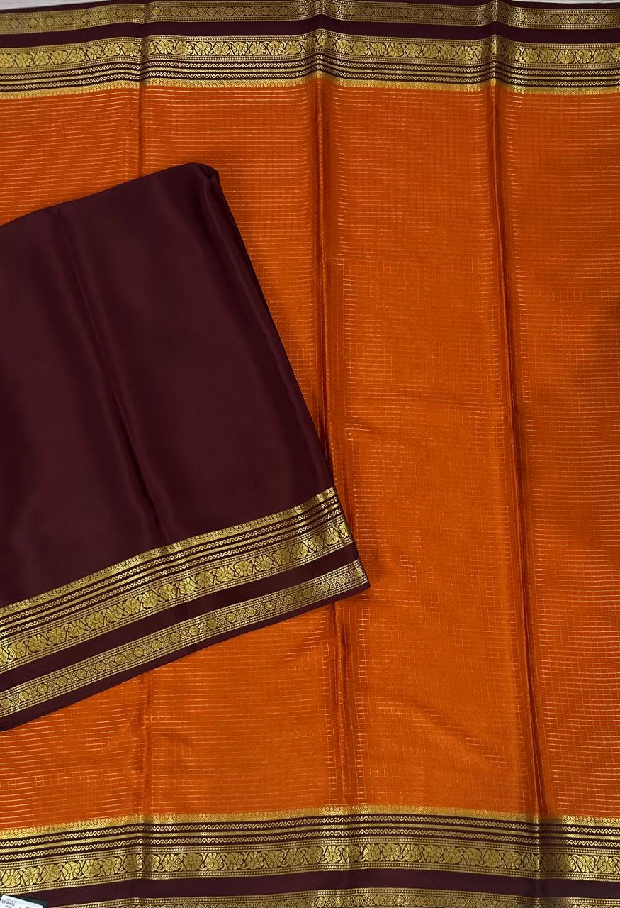 Orange checks n bentex pure mysore silk-11 saree