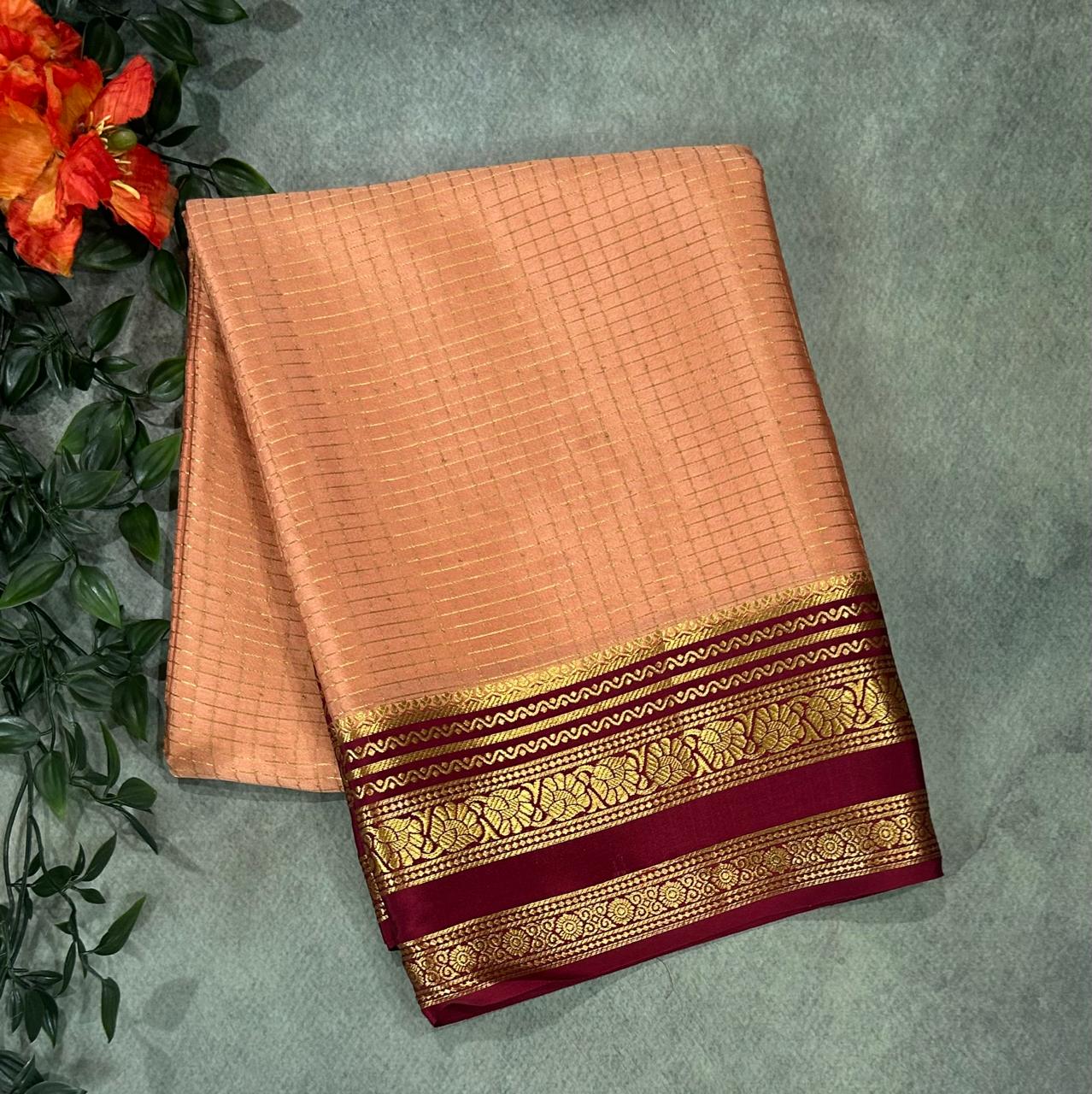 Peach checks n bentex pure mysore silk-11 saree