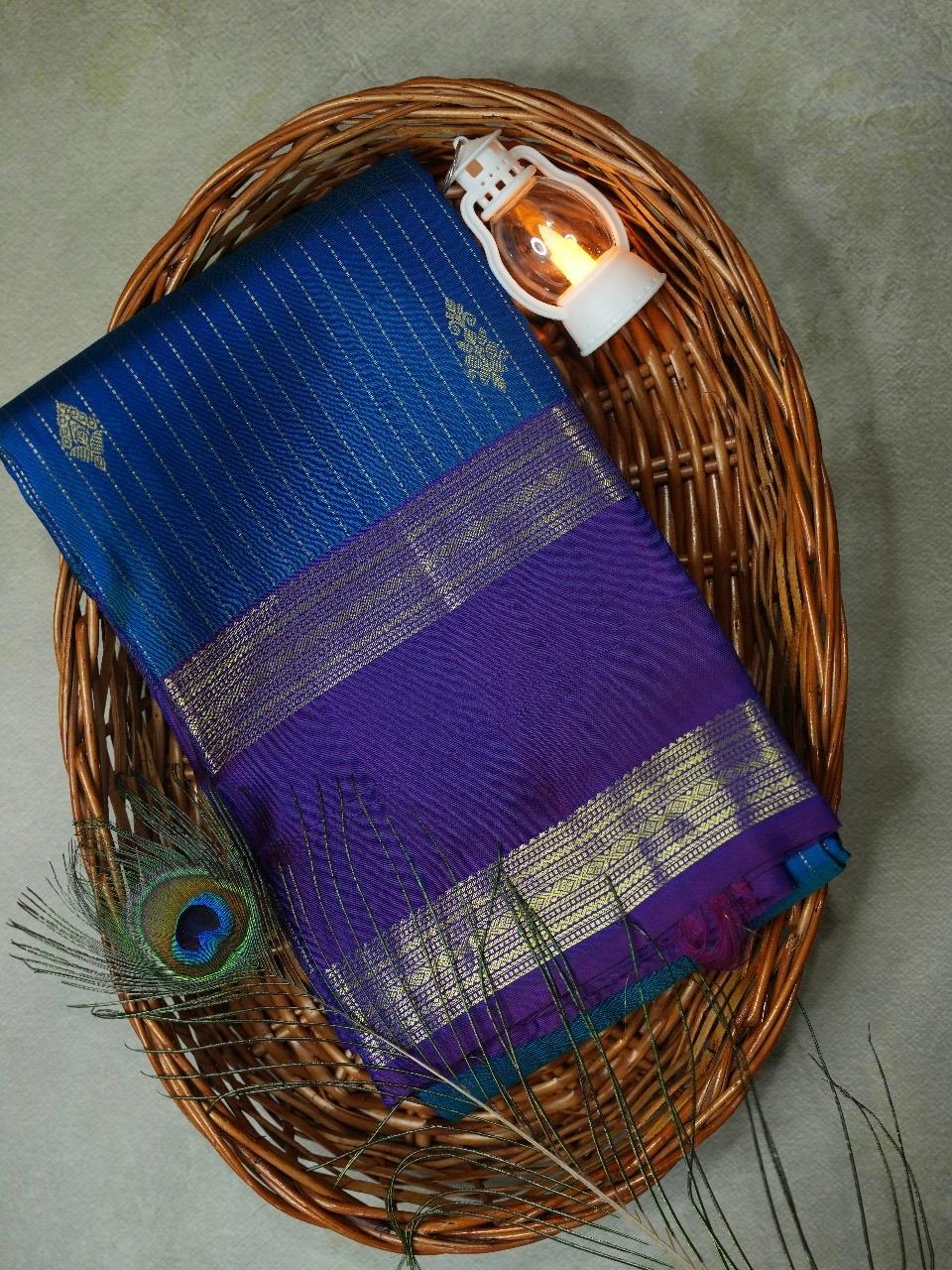 Peacock blue dual shade bentex border pure kanchipuram silk saree