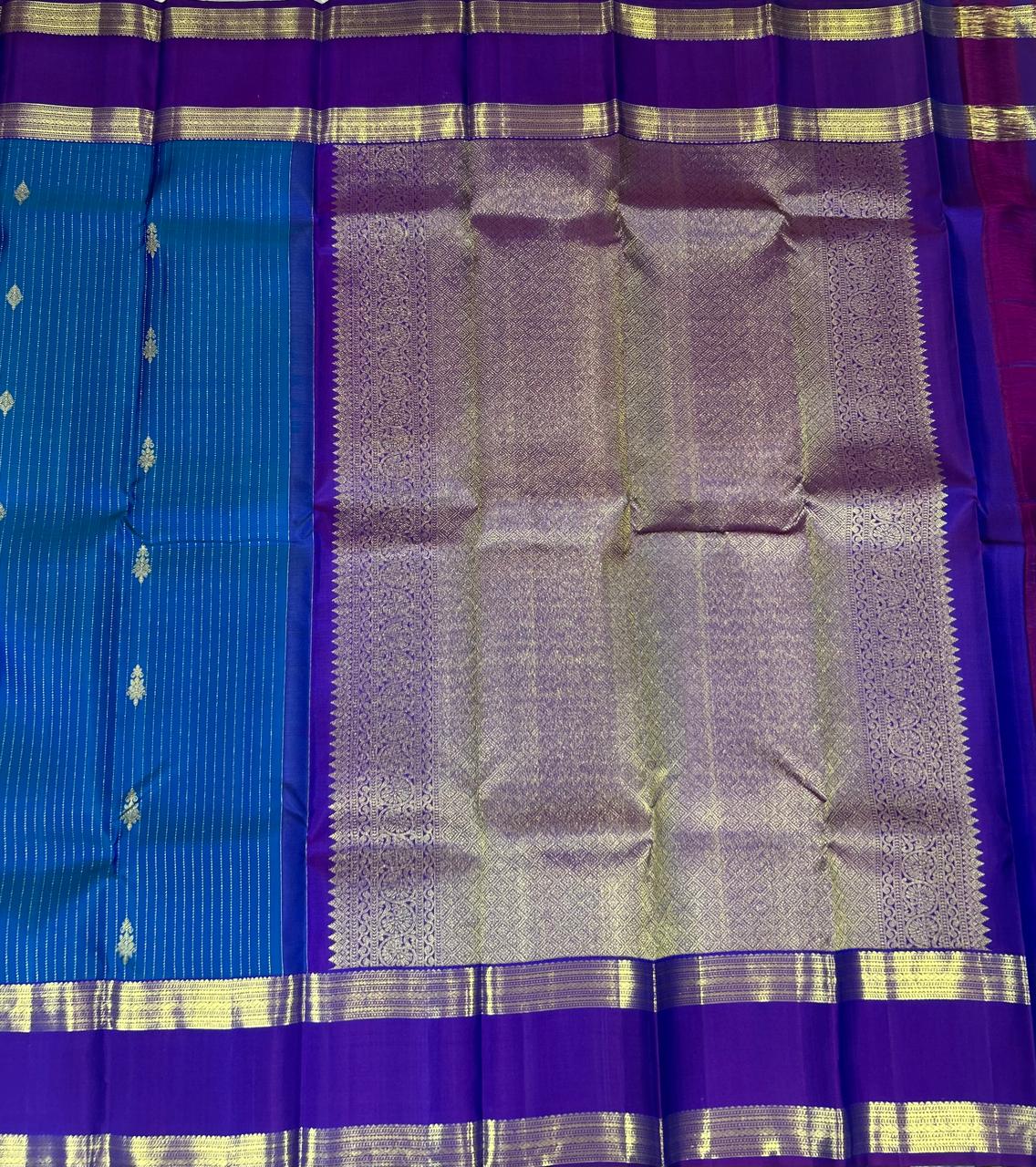Peacock blue dual shade bentex border pure kanchipuram silk saree