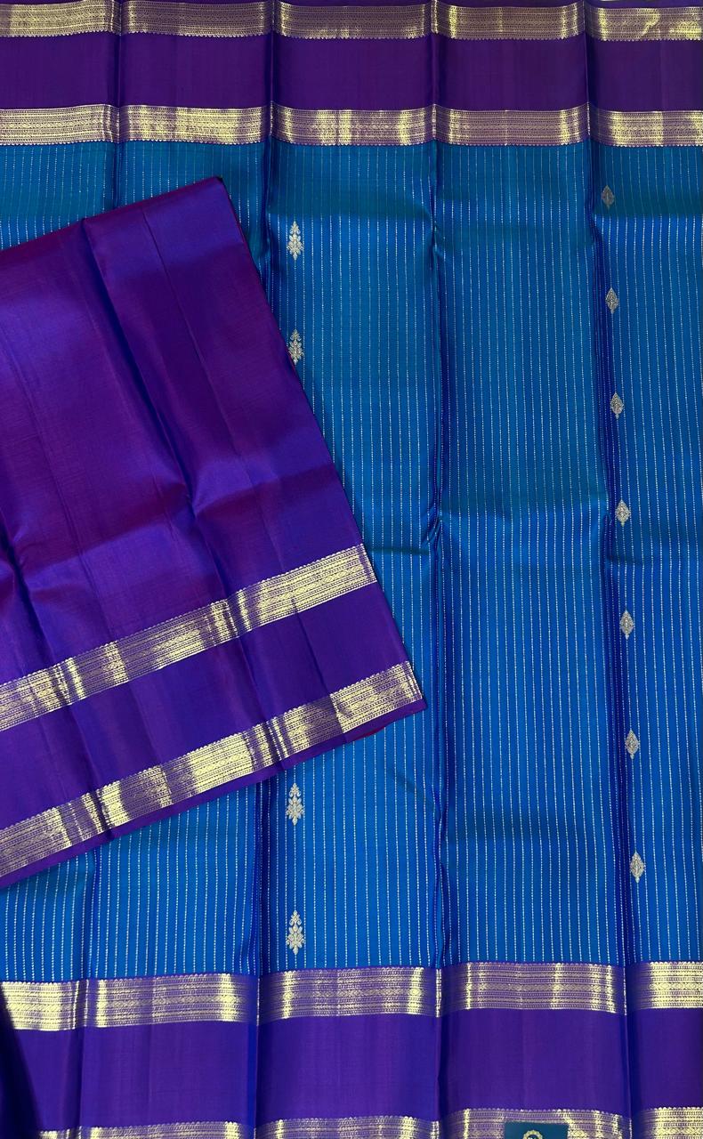 Peacock blue dual shade bentex border pure kanchipuram silk saree