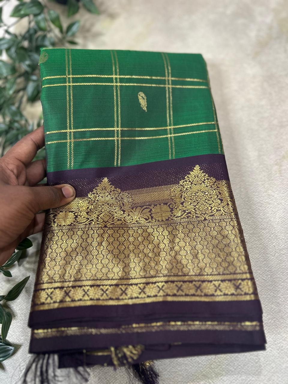 Bottle green n brown checks pure kanchipuram silk saree