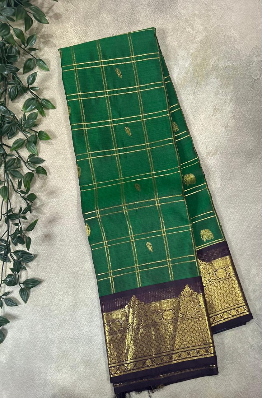 Bottle green n brown checks pure kanchipuram silk saree