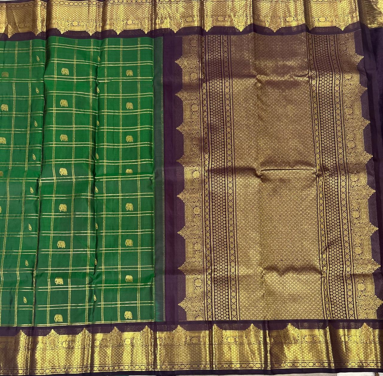 Bottle green n brown checks pure kanchipuram silk saree