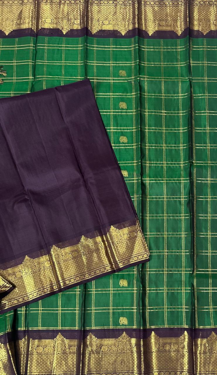 Bottle green n brown checks pure kanchipuram silk saree