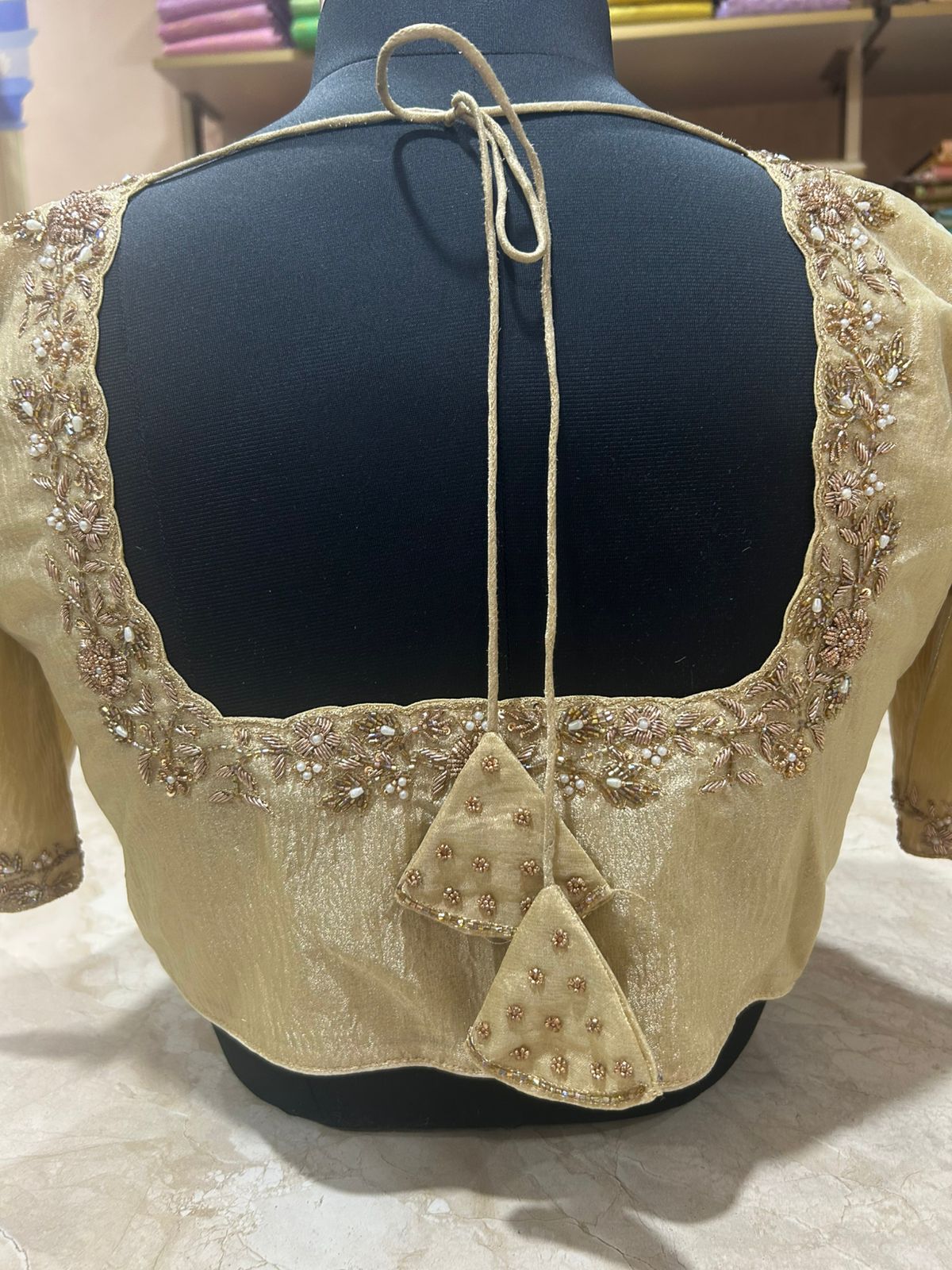 Golden beige floral hand work blouse