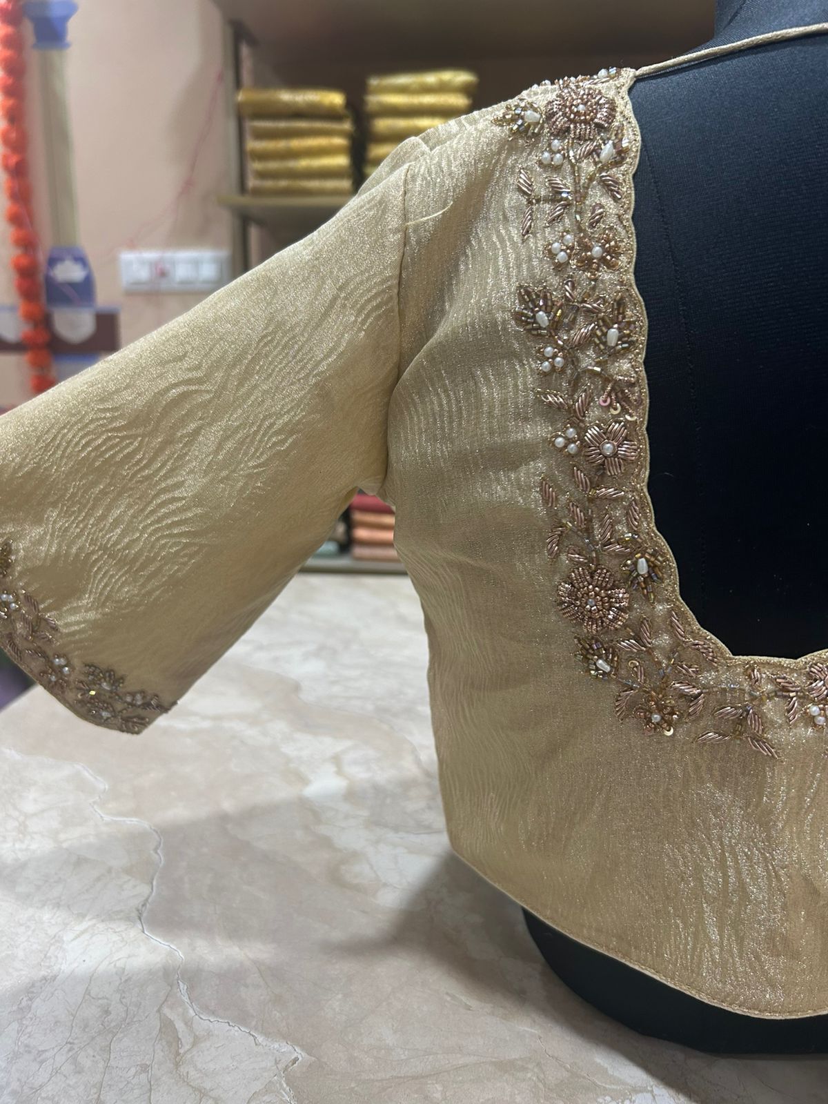 Golden beige floral hand work blouse