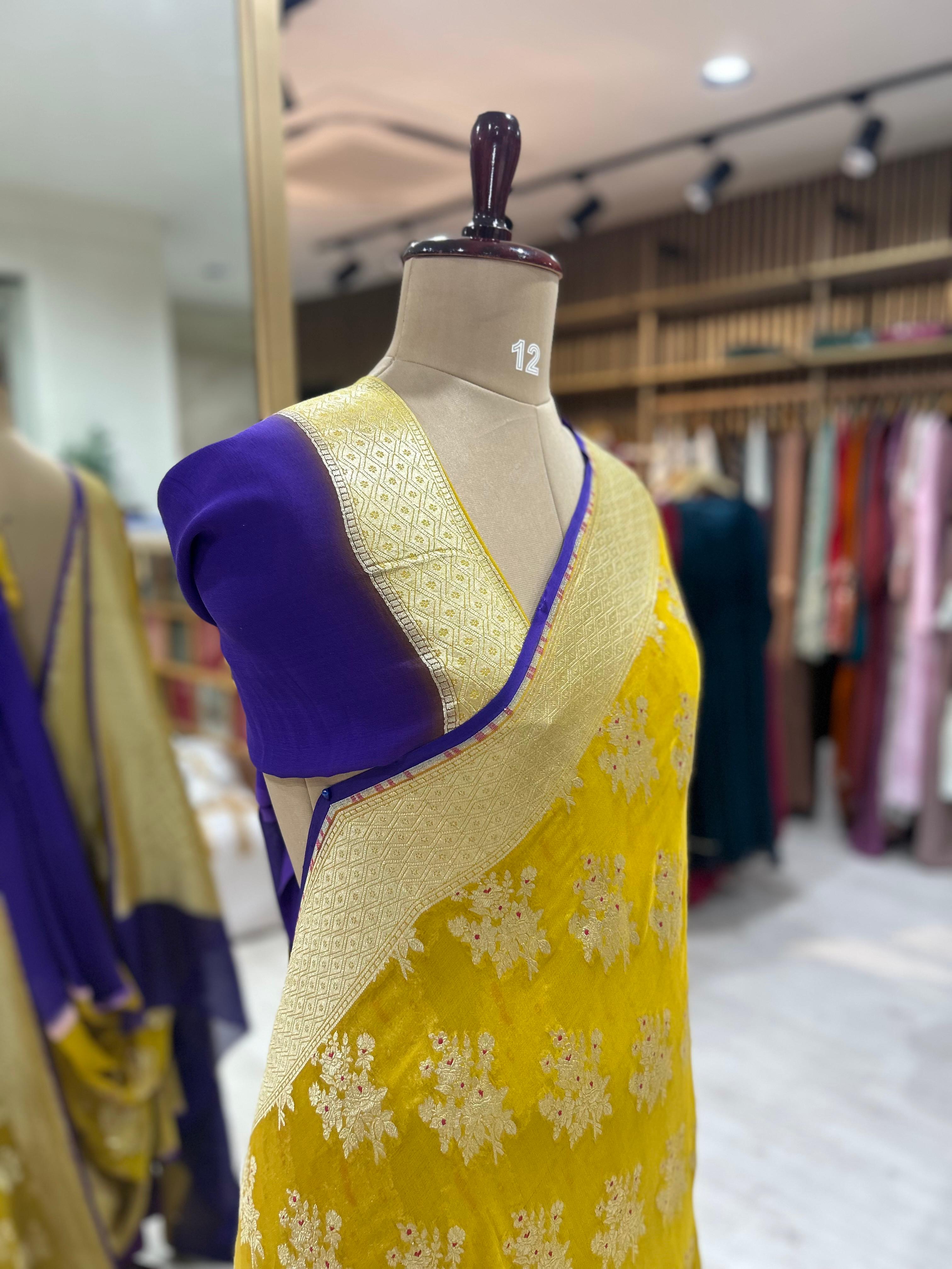 Mustard yellow n purple pure georgette-11  saree