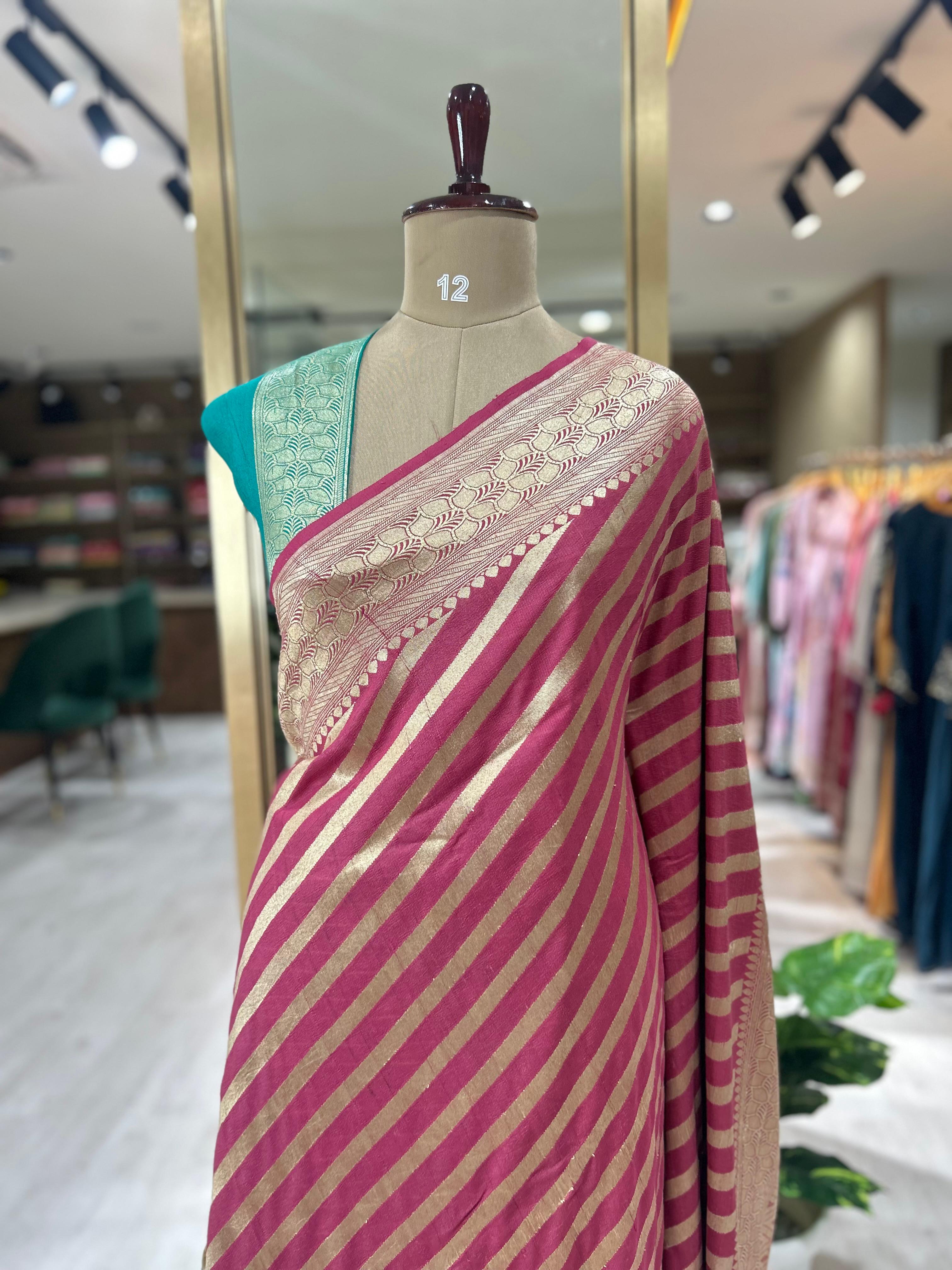 Pastel pink small  stripes pure tussar georgette-11 saree