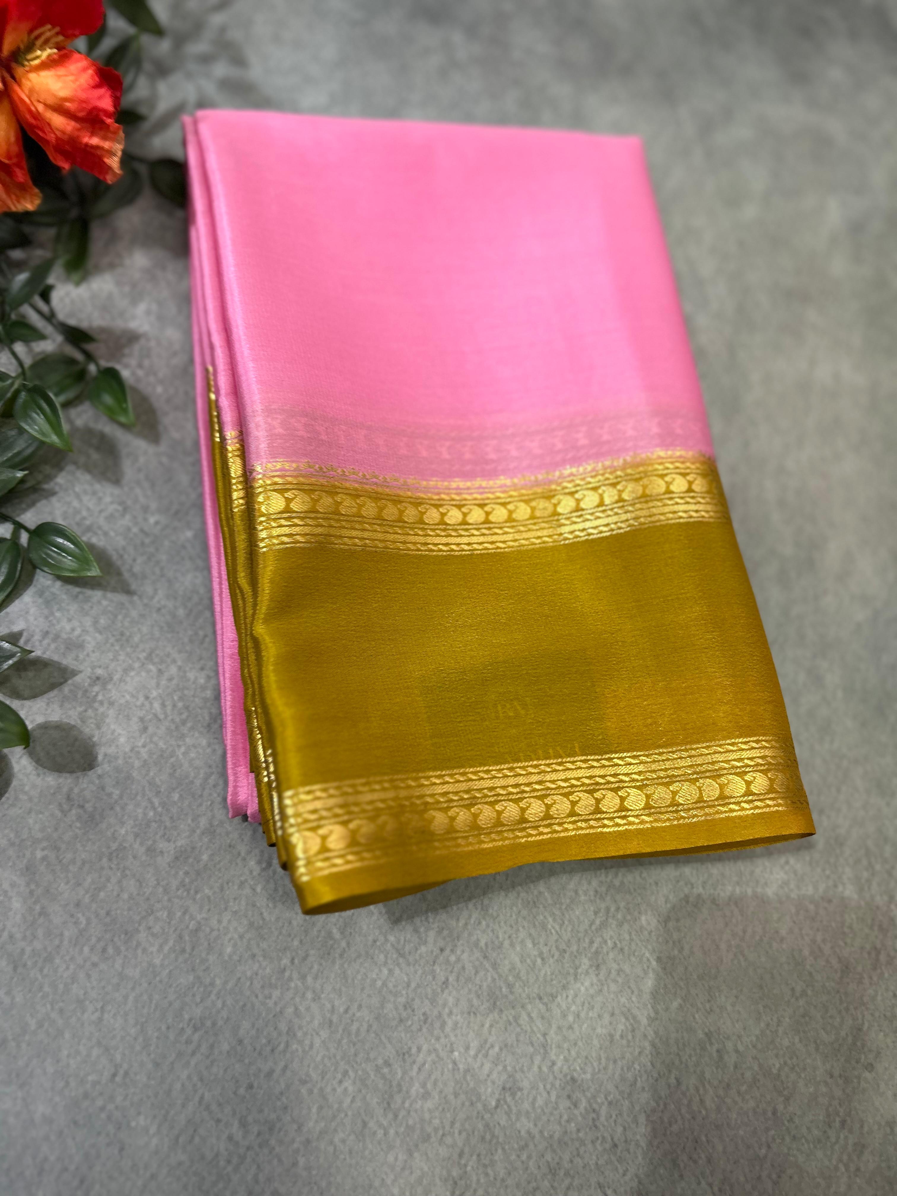 Pastel pink bentex Lightweight Pure Mysore Crepe Silk Saree – Elegant Soft Drape(MSL)