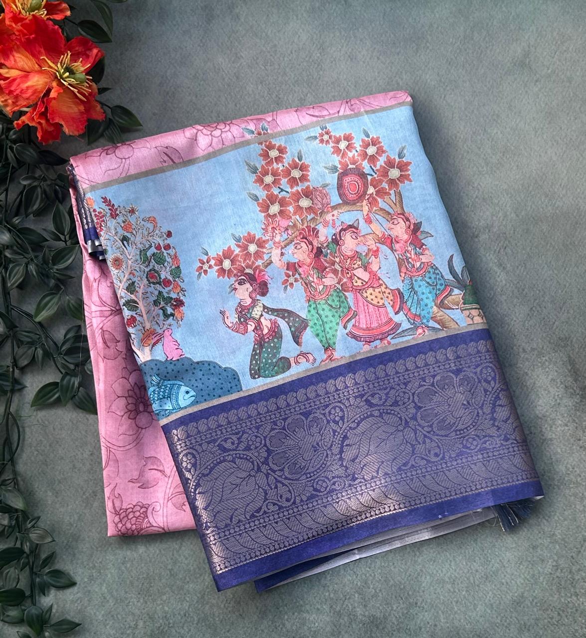 Pastel pink kalamkari digital print semi silk saree ( YES )