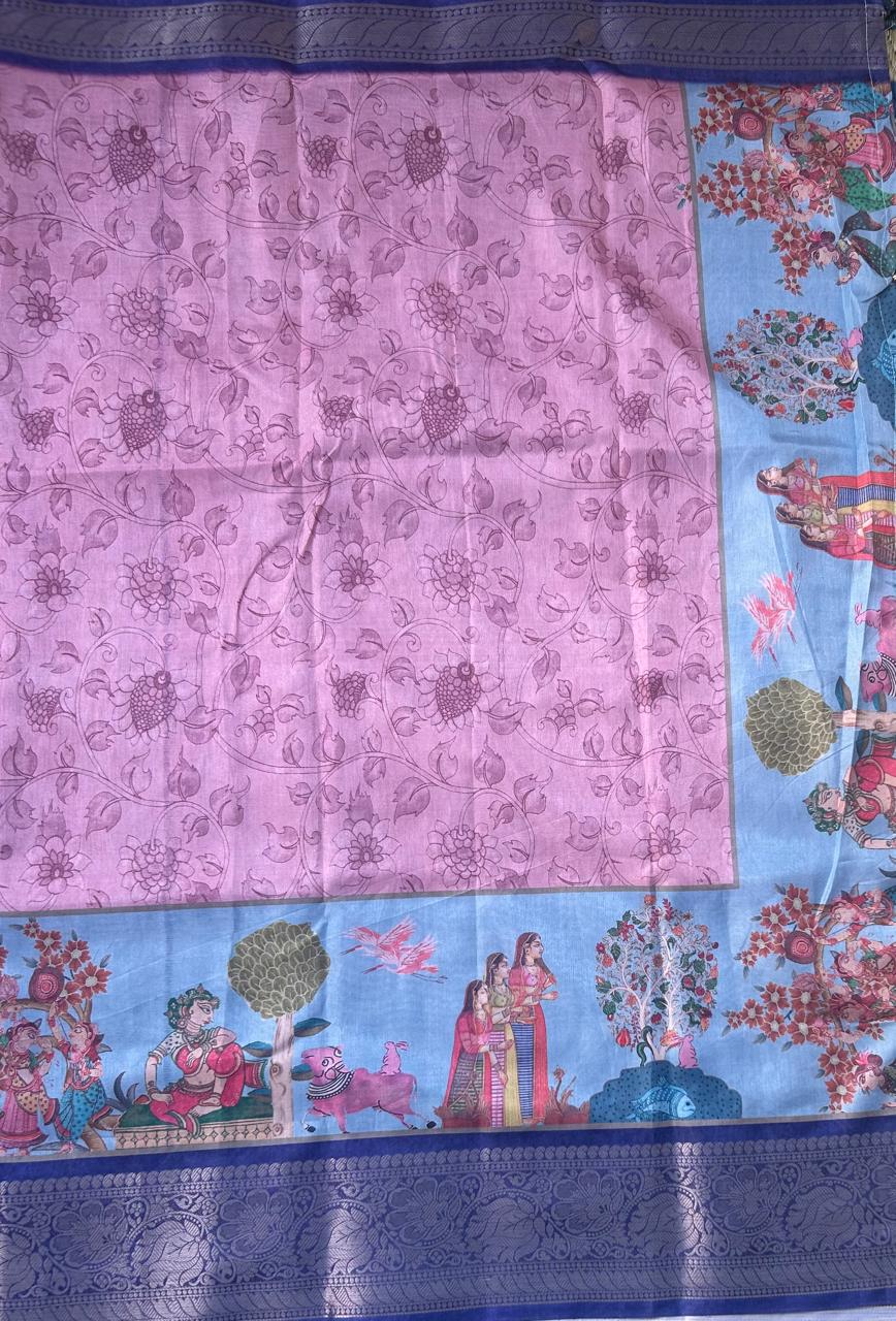 Pastel pink kalamkari digital print semi silk saree ( YES )