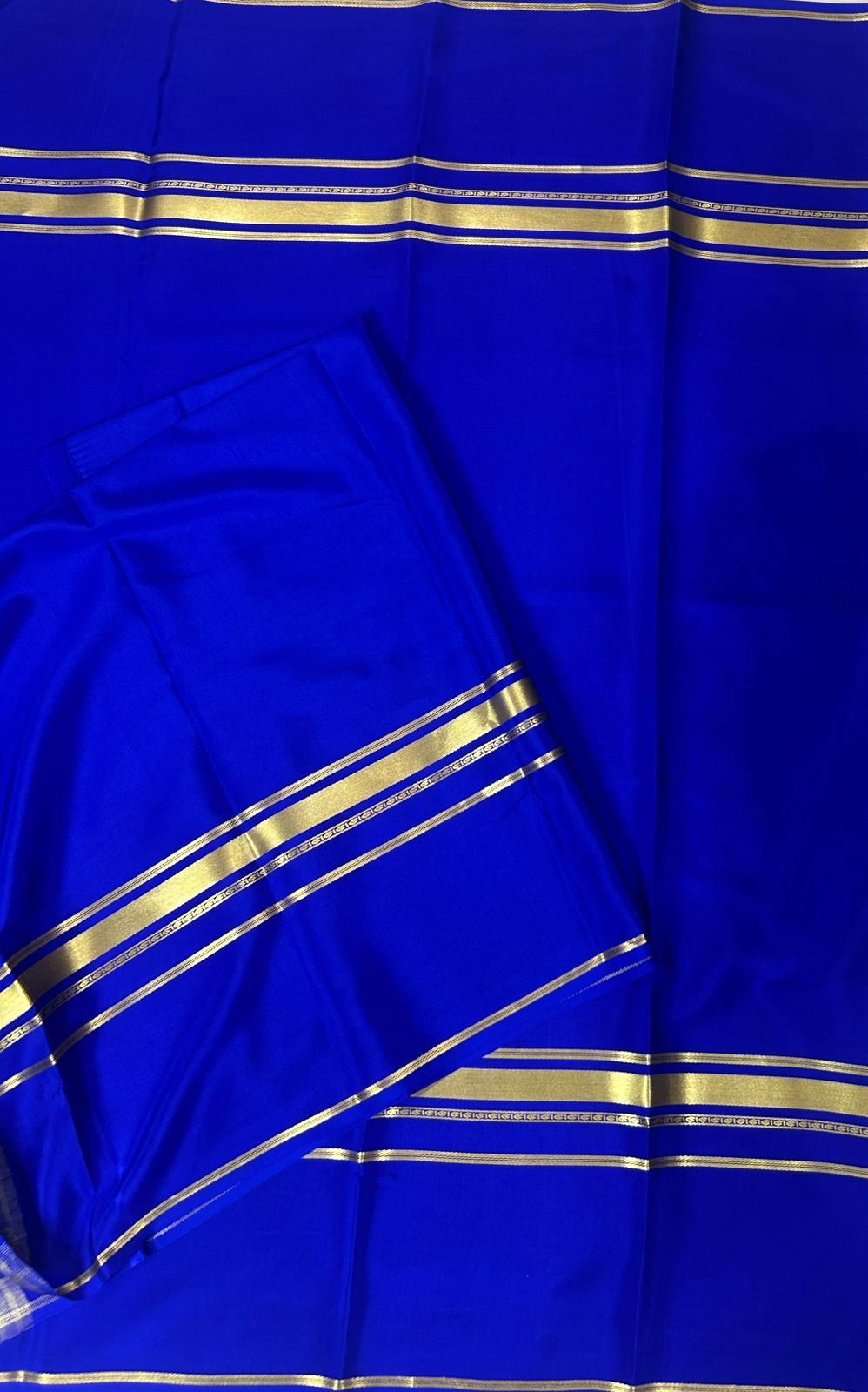 Royal blue plain four border pure mysore crepe silk saree