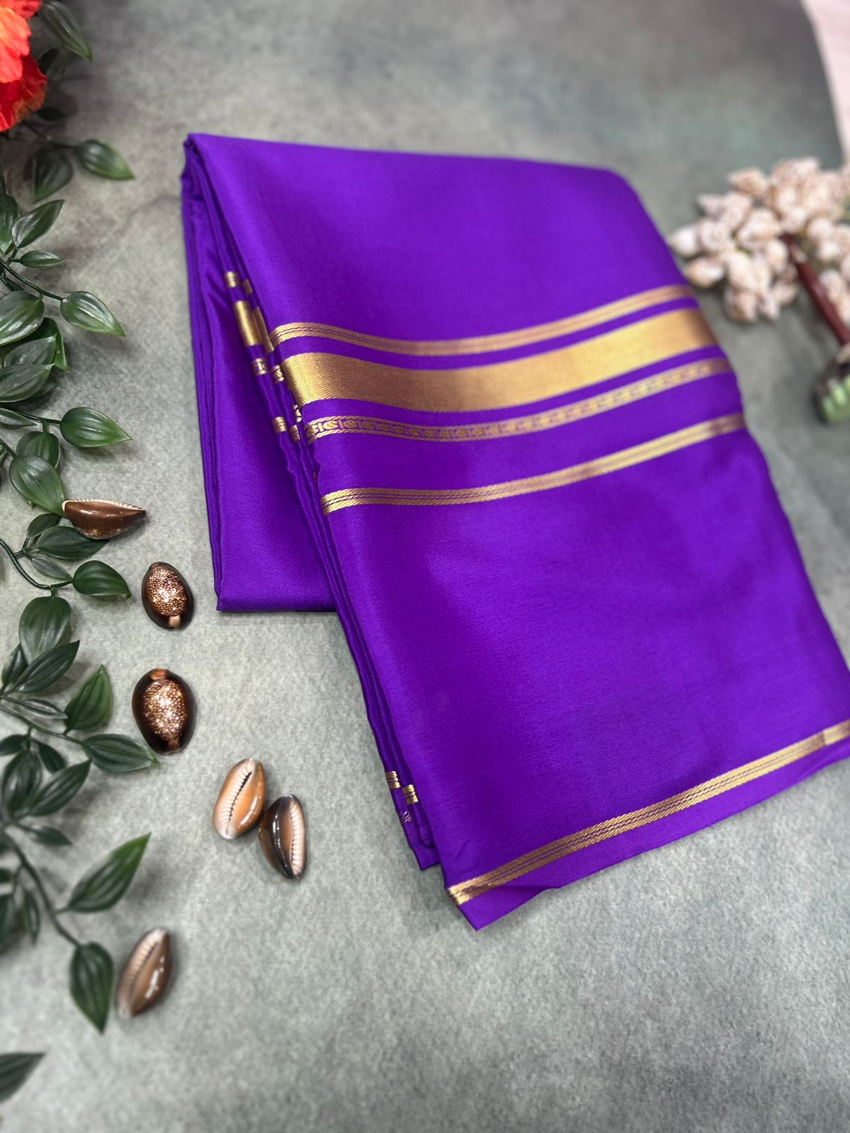 Light purple plain four border pure mysore crepe silk saree