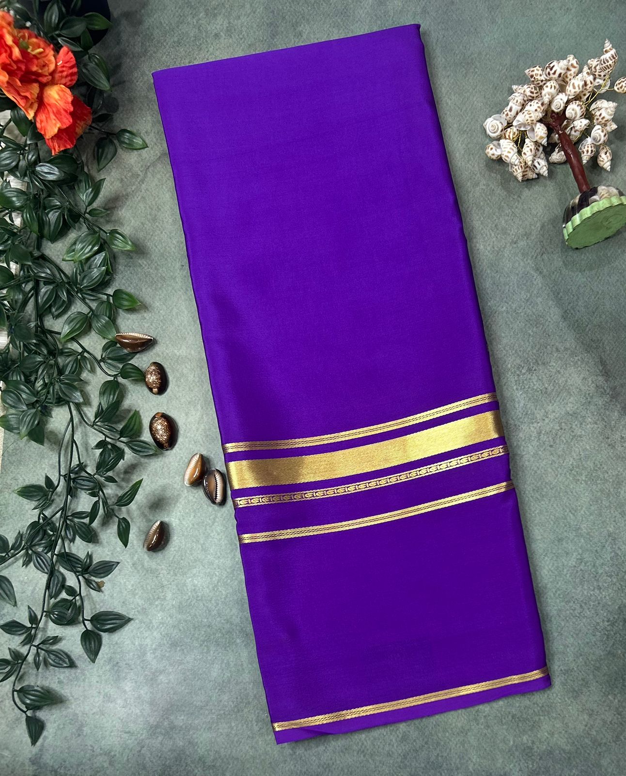 Light purple plain four border pure mysore crepe silk saree