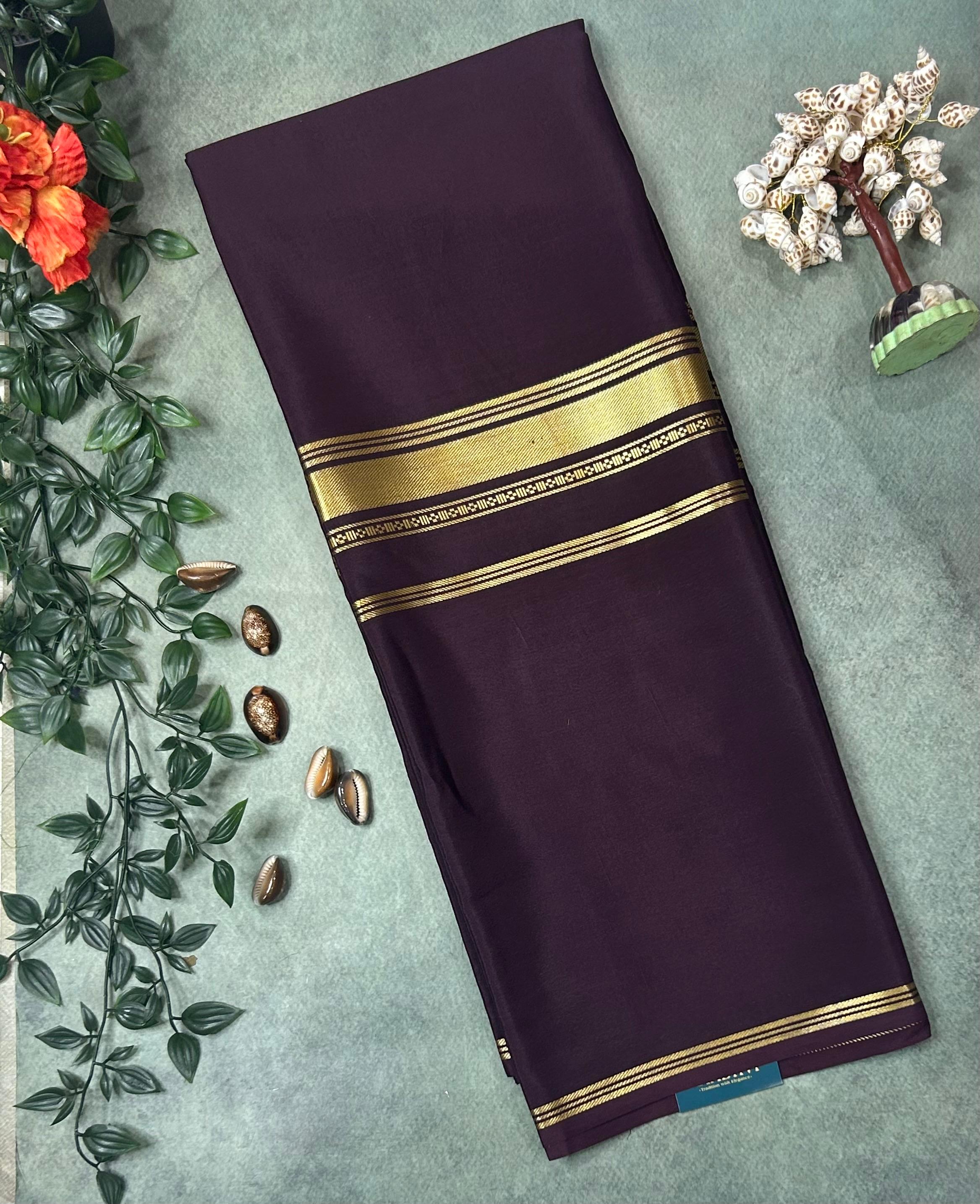 Dark brown  plain four border pure mysore crepe silk saree