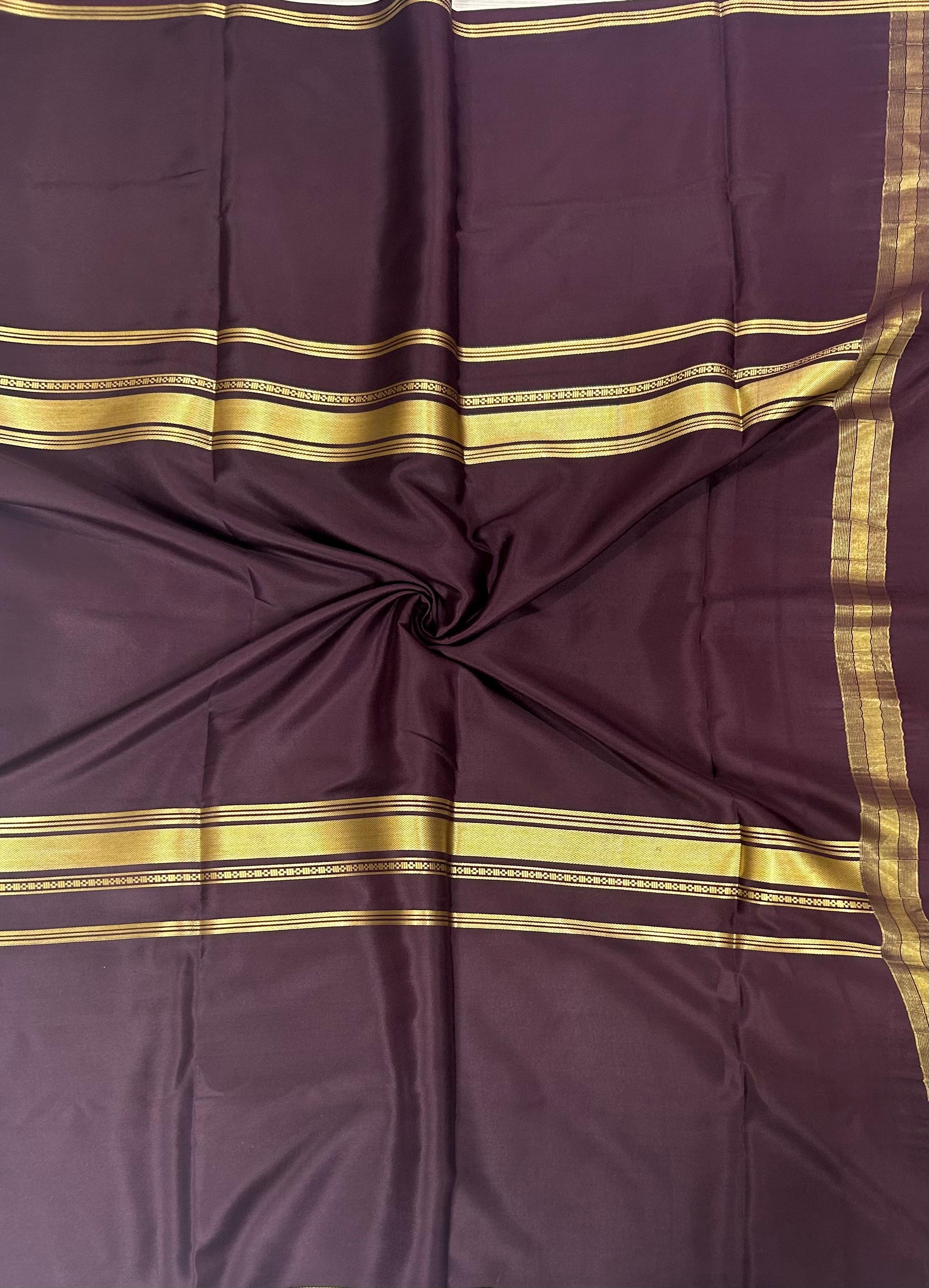 Dark brown  plain four border pure mysore crepe silk saree