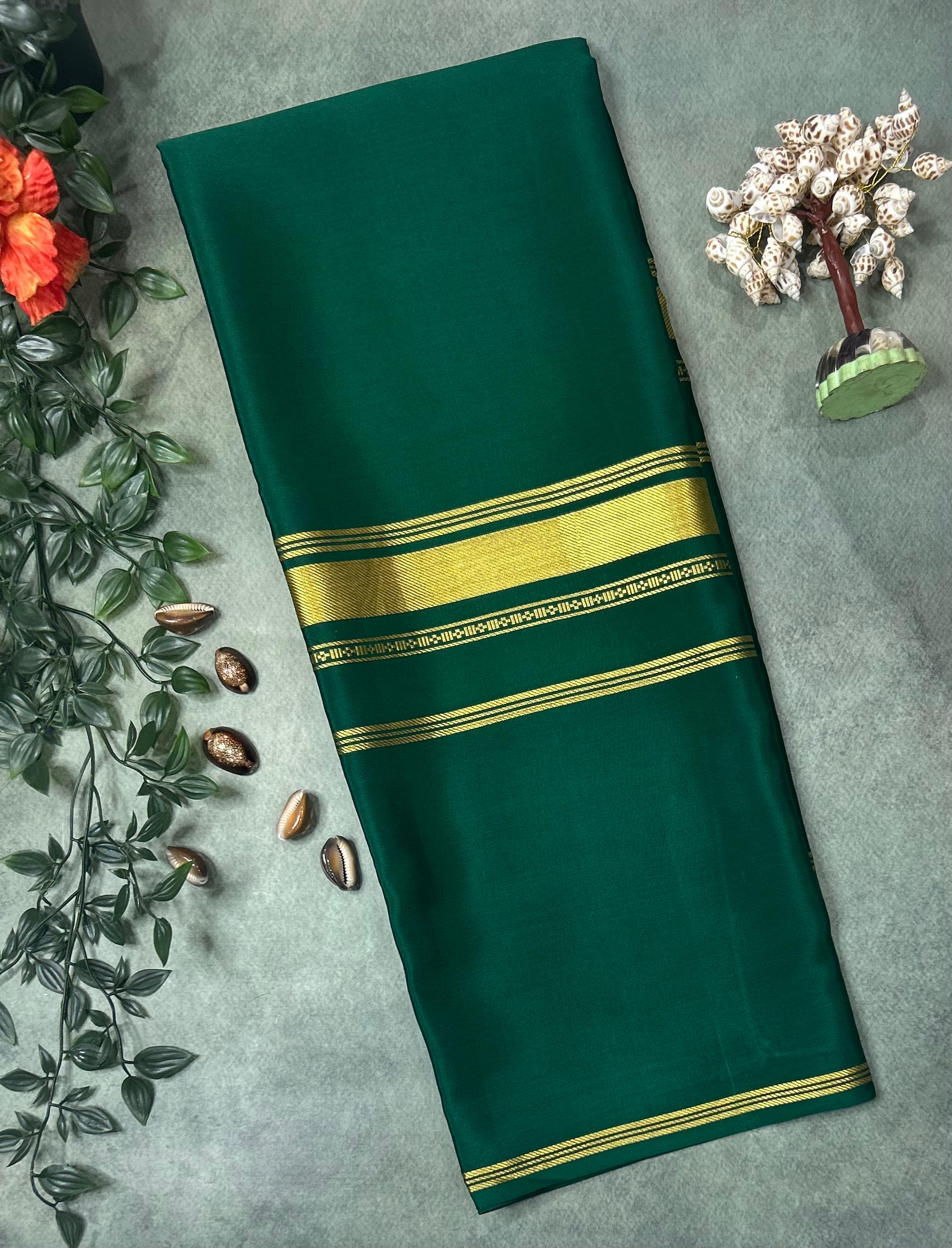 Bottle green plain four border pure mysore crepe silk saree